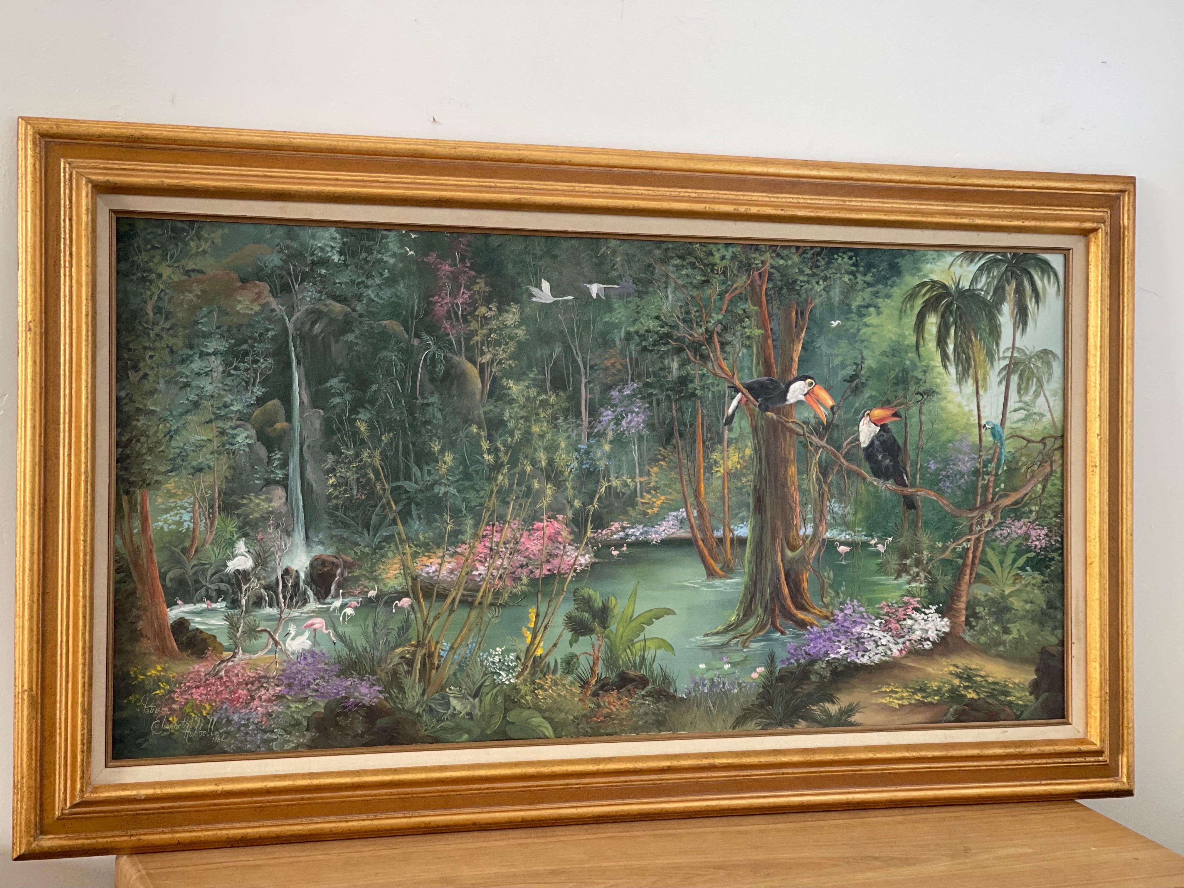 Late 20th Century Tropical Vintage Painting by Patricia and Elizabeth Hubbell 1984 Gold Frame For Sale