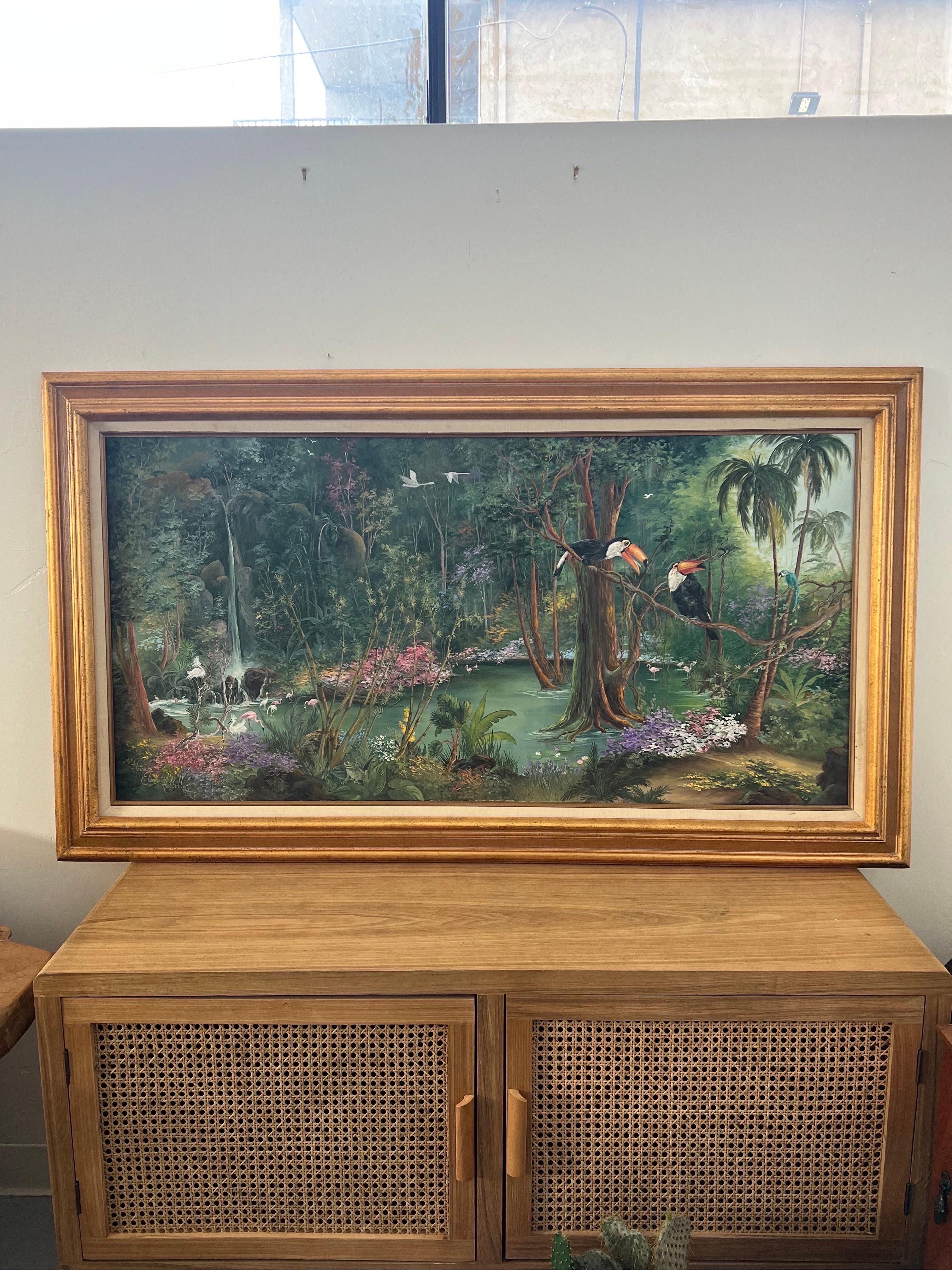 Tropisches Vintage-Gemälde von Patricia und Elizabeth Hubbell, 1984, Goldrahmen im Angebot 2