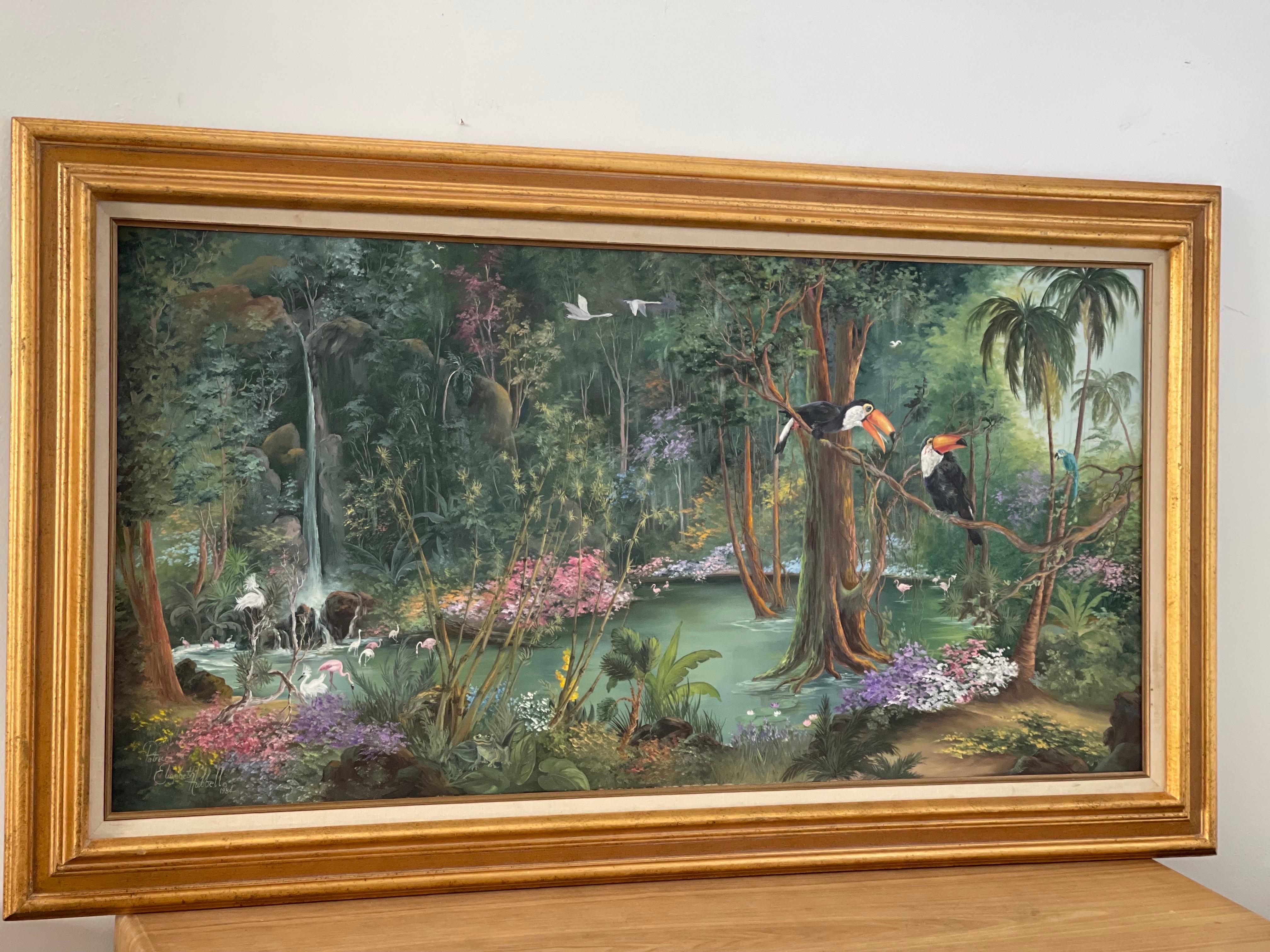 Tropical Vintage Painting by Patricia and Elizabeth Hubbell 1984 Gold Frame For Sale 2