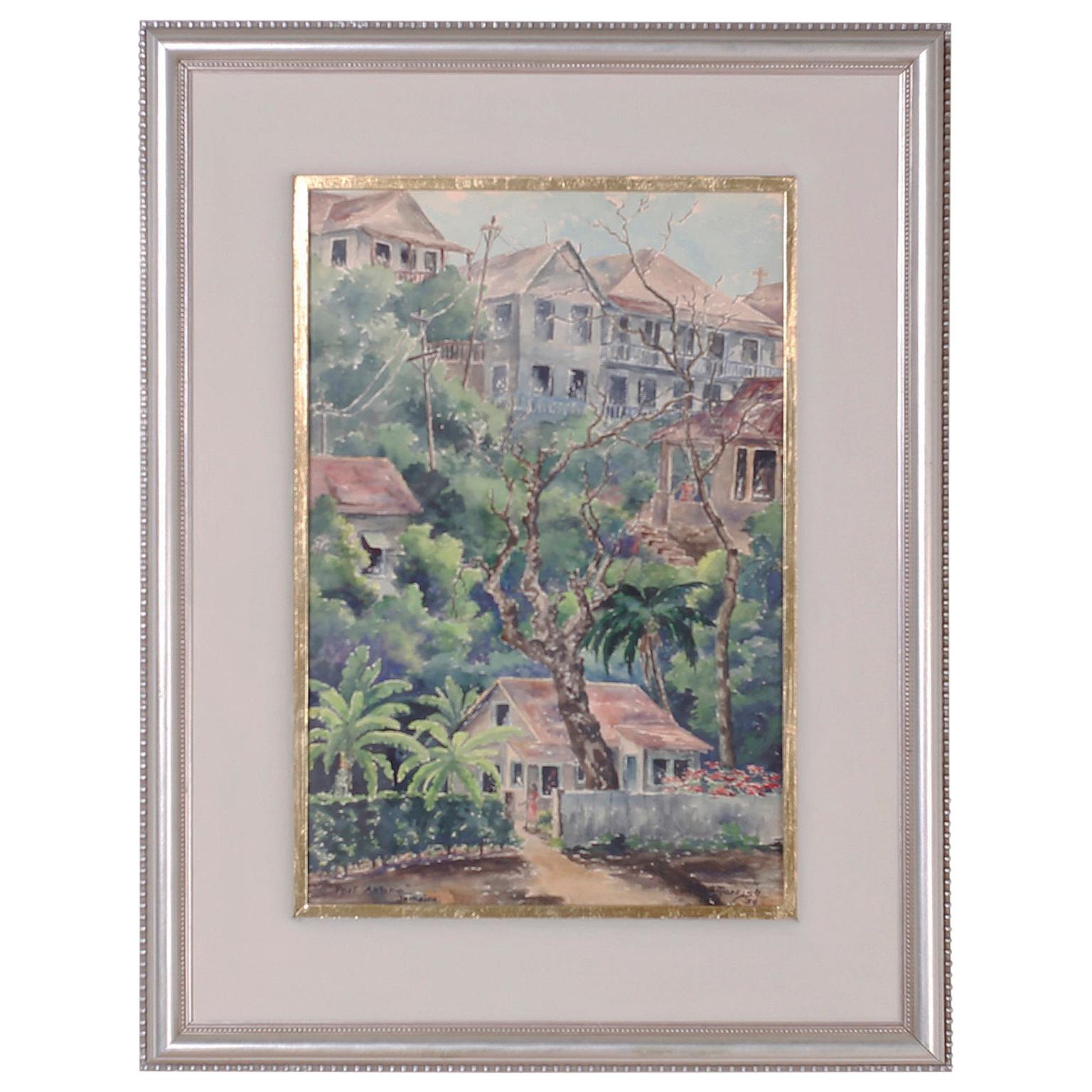 Tropical Watercolor on Paper of a Jamaican Scene For Sale