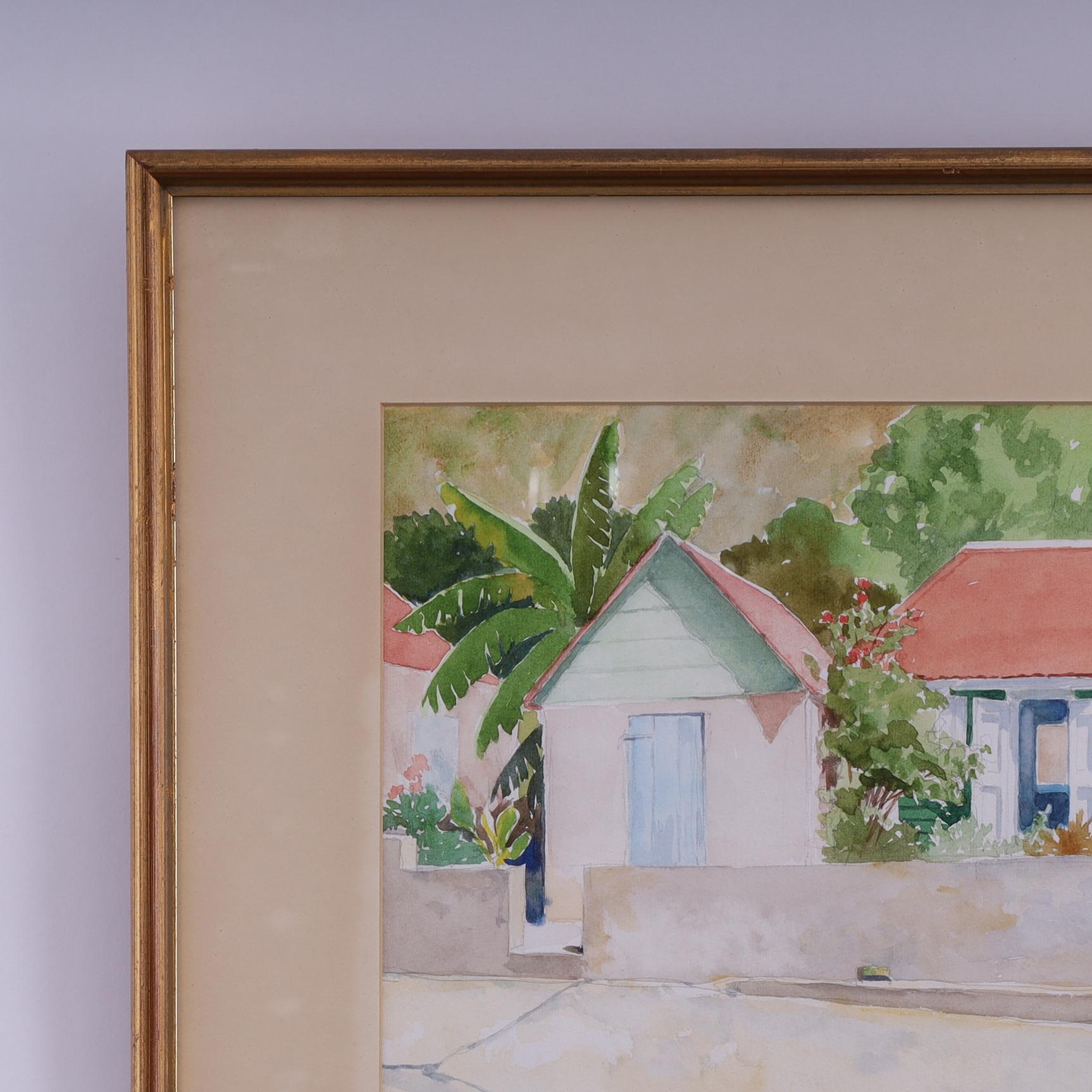 Encantadora acuarela vintage sobre papel de un bungalow en un entorno tropical ejecutada en estilo impresionista. Presentado bajo cristal en un marco de madera dorada y firmado Alanna Fagan 1987 en la parte inferior derecha. 