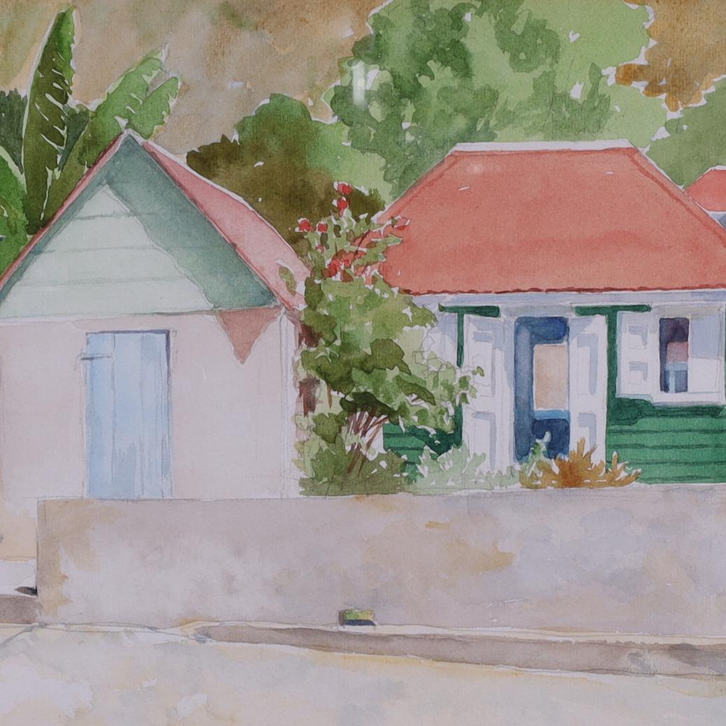 Pintura tropical en acuarela sobre papel de Alanna Fagan Moderno de mediados de siglo en venta