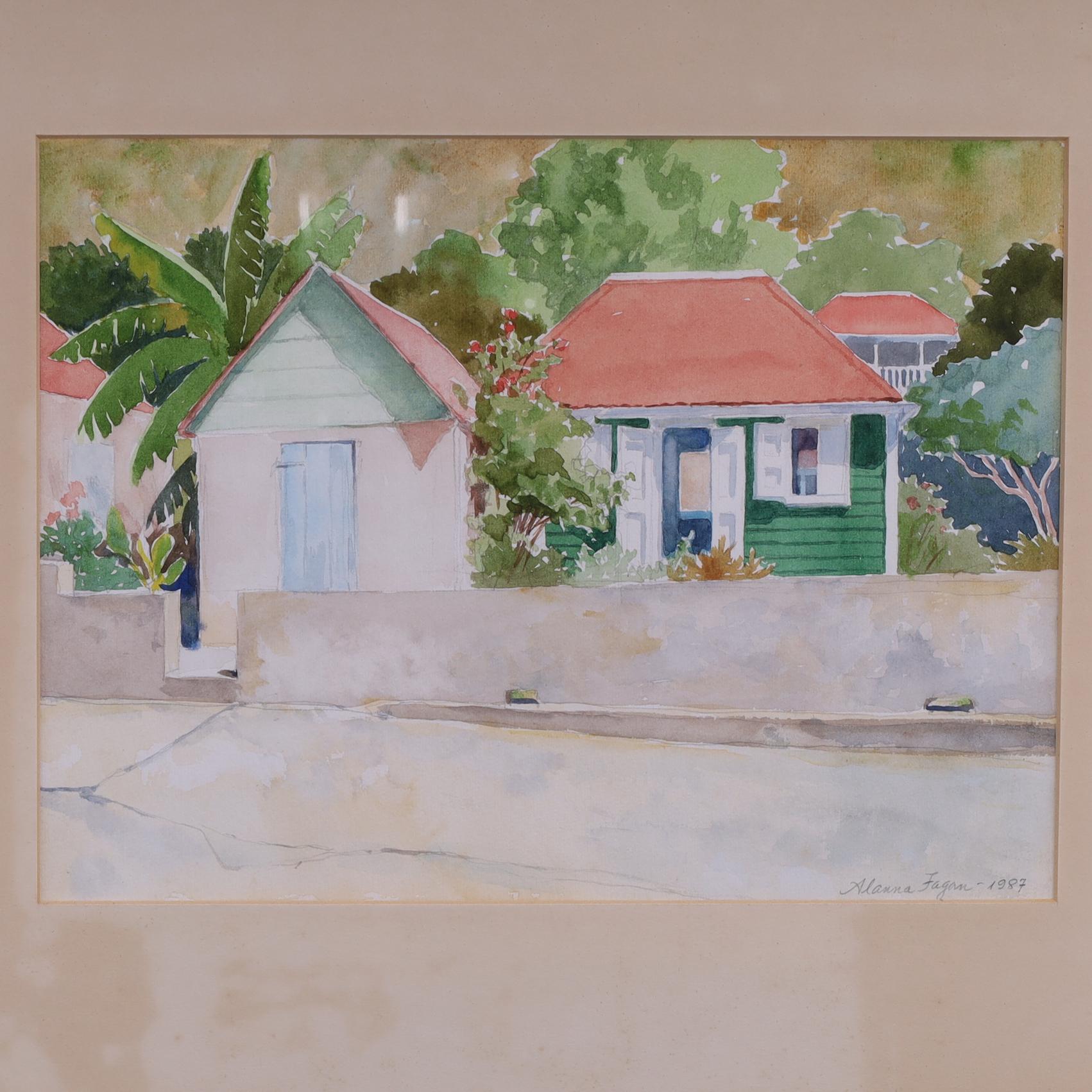 Pintura tropical en acuarela sobre papel de Alanna Fagan en Bueno estado para la venta en Palm Beach, FL