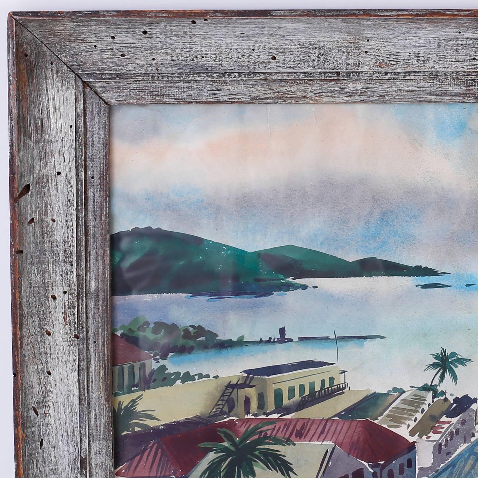 Watercolor painting on paper with a sunny tropical palette painted from a roof top perspective of a Caribbean sea port and surrounding town. Presented in its original beach frame and signed Ira Smith 1951 in the lower left.