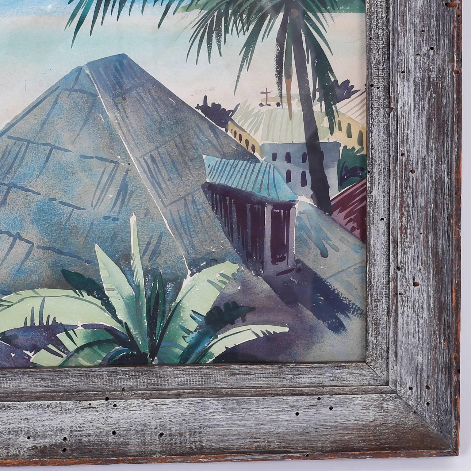 British Colonial Tropical Watercolor Painting on Paper