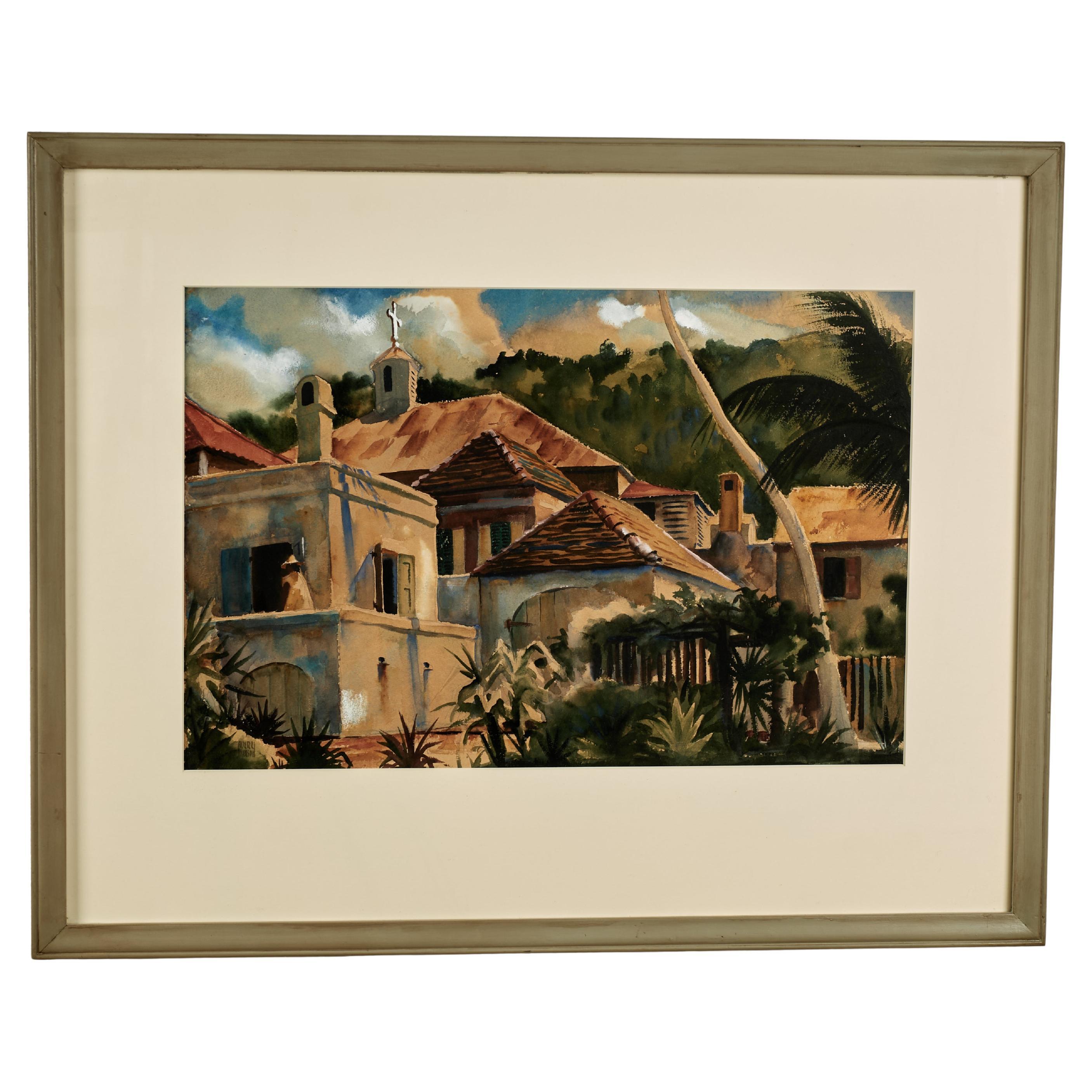 Tropical Watercolor Painting with Buildings by Avery Johnson For Sale