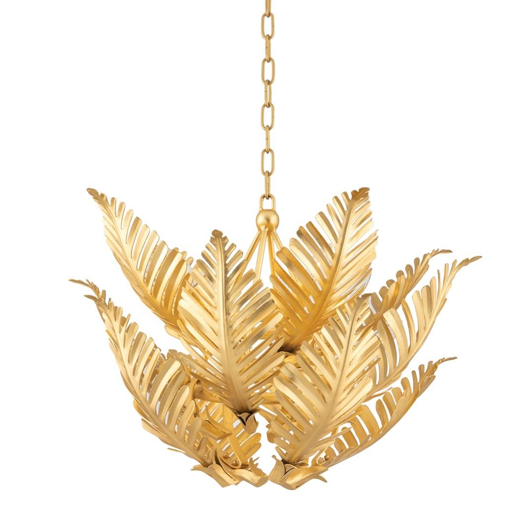 Martyn Lawrence Bullard for Corbett Lighting
Iron has been worked into a beautiful frond arrangement resembling the luscious fauna on tropical islands. 
A group of down rods secures this pendant at the end of a linked chain. A canopy at your ceiling