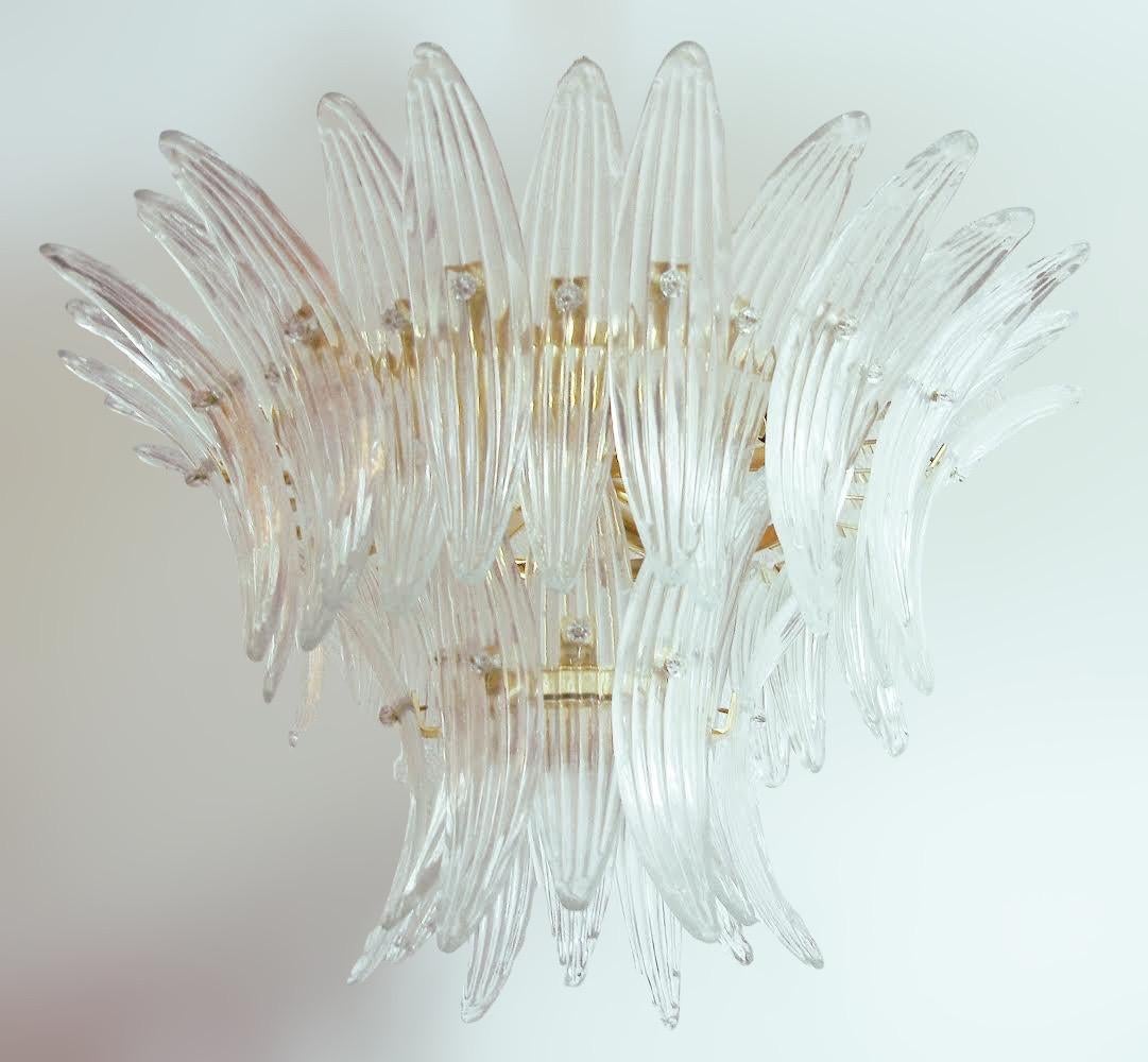 Italian Palmette chandelier with clear Murano glass leaves mounted on 24-karat gold plated metal finish / Made in Italy 
Diameter: 25 inches / Height: 16 inches plus chain and canopy
6 lights / E26 or E27 type / max 60W each
Order reference #: