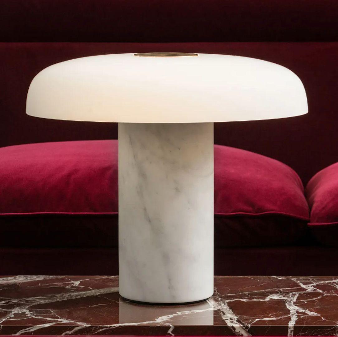 Italian Tropico Large Table Lamp White Marble Base Black Galvanized Gold TopFontana Arte For Sale