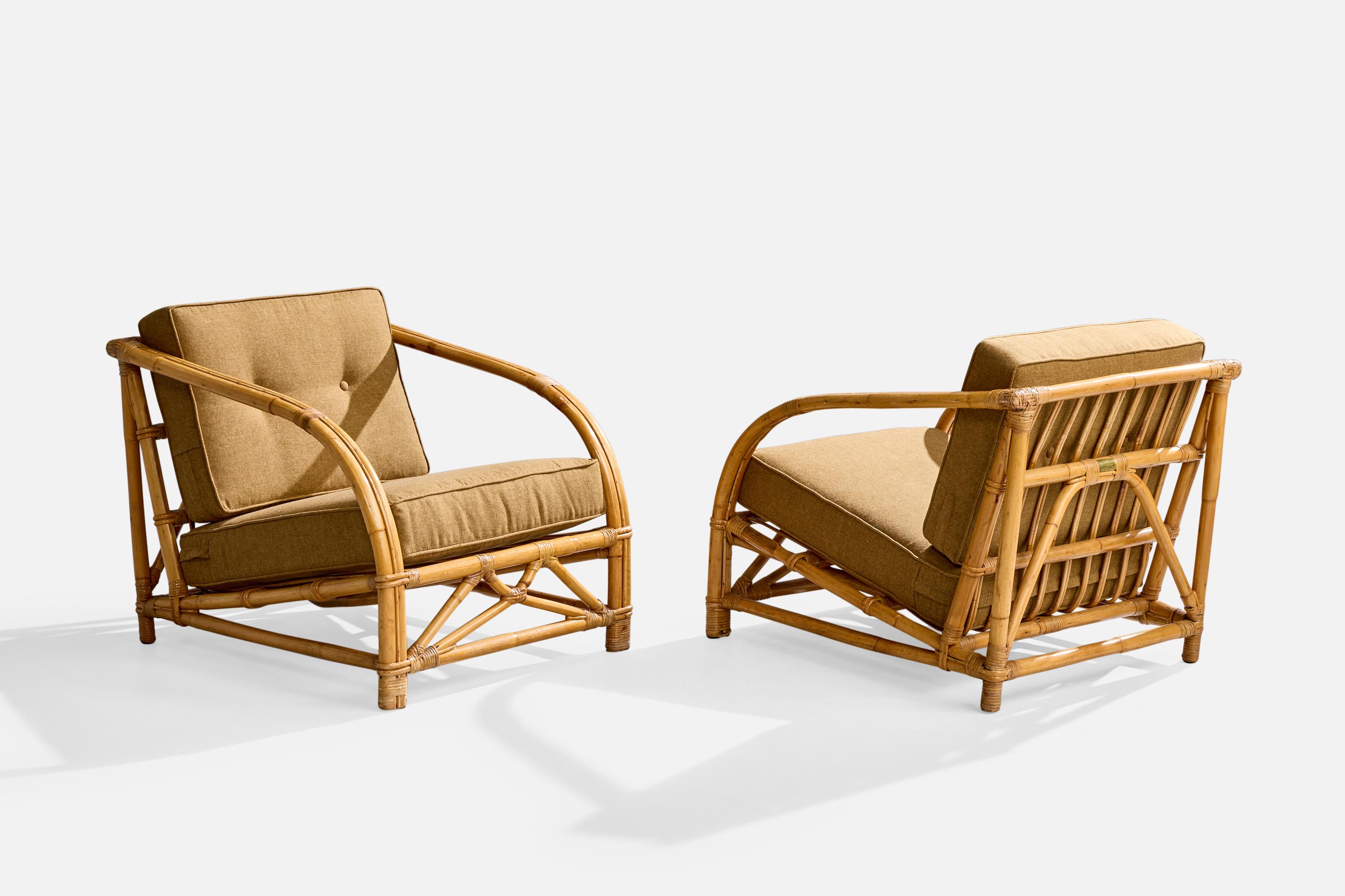 Mid-Century Modern Tropicraft, chaises longues, bambou, rotin, tissu, Philippines, années 1950 en vente