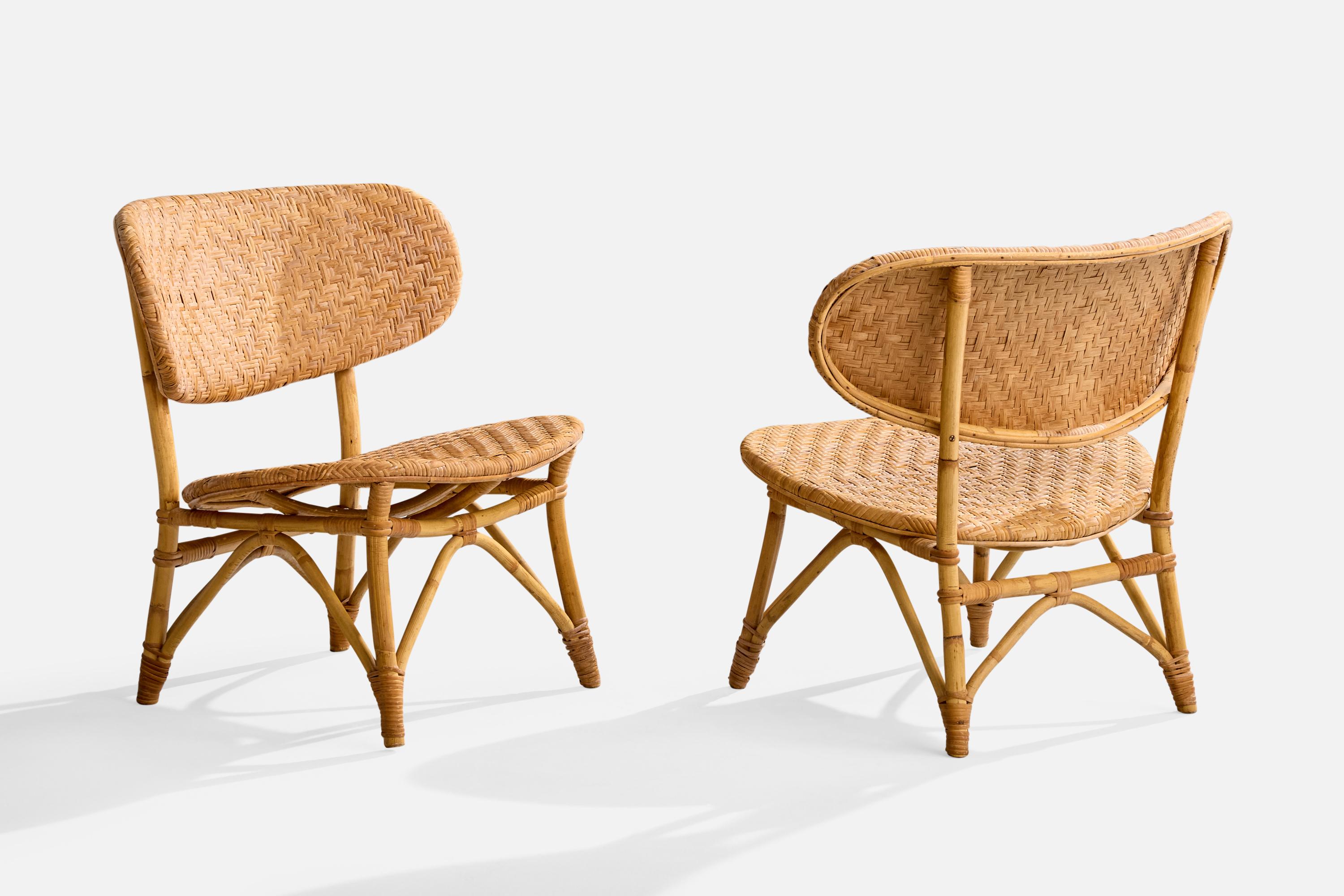 Mid-Century Modern Tropikmöbler Ransta, Slipper Chairs, Bamboo, Rattan, Sweden, 1950s For Sale