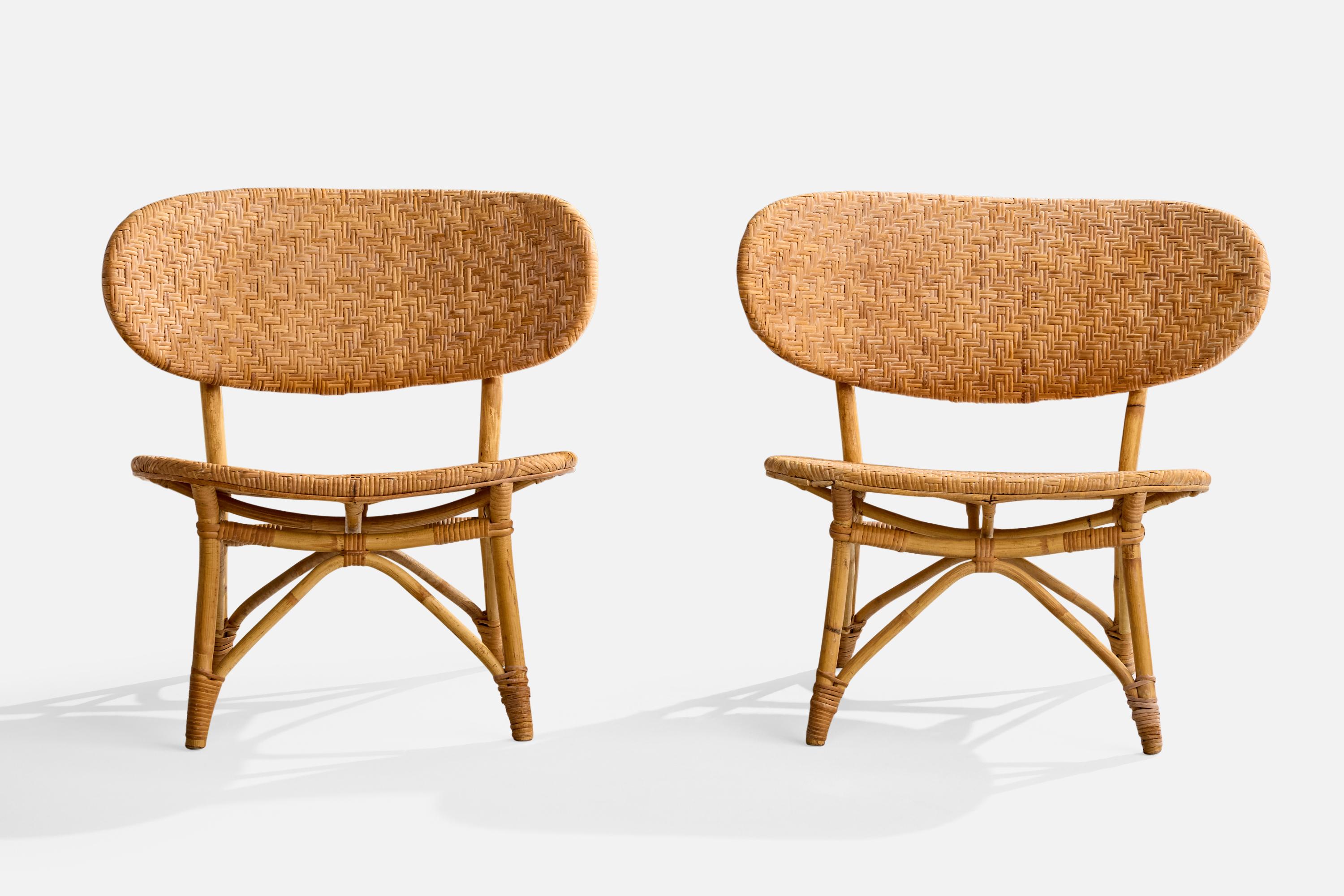 Swedish Tropikmöbler Ransta, Slipper Chairs, Bamboo, Rattan, Sweden, 1950s For Sale