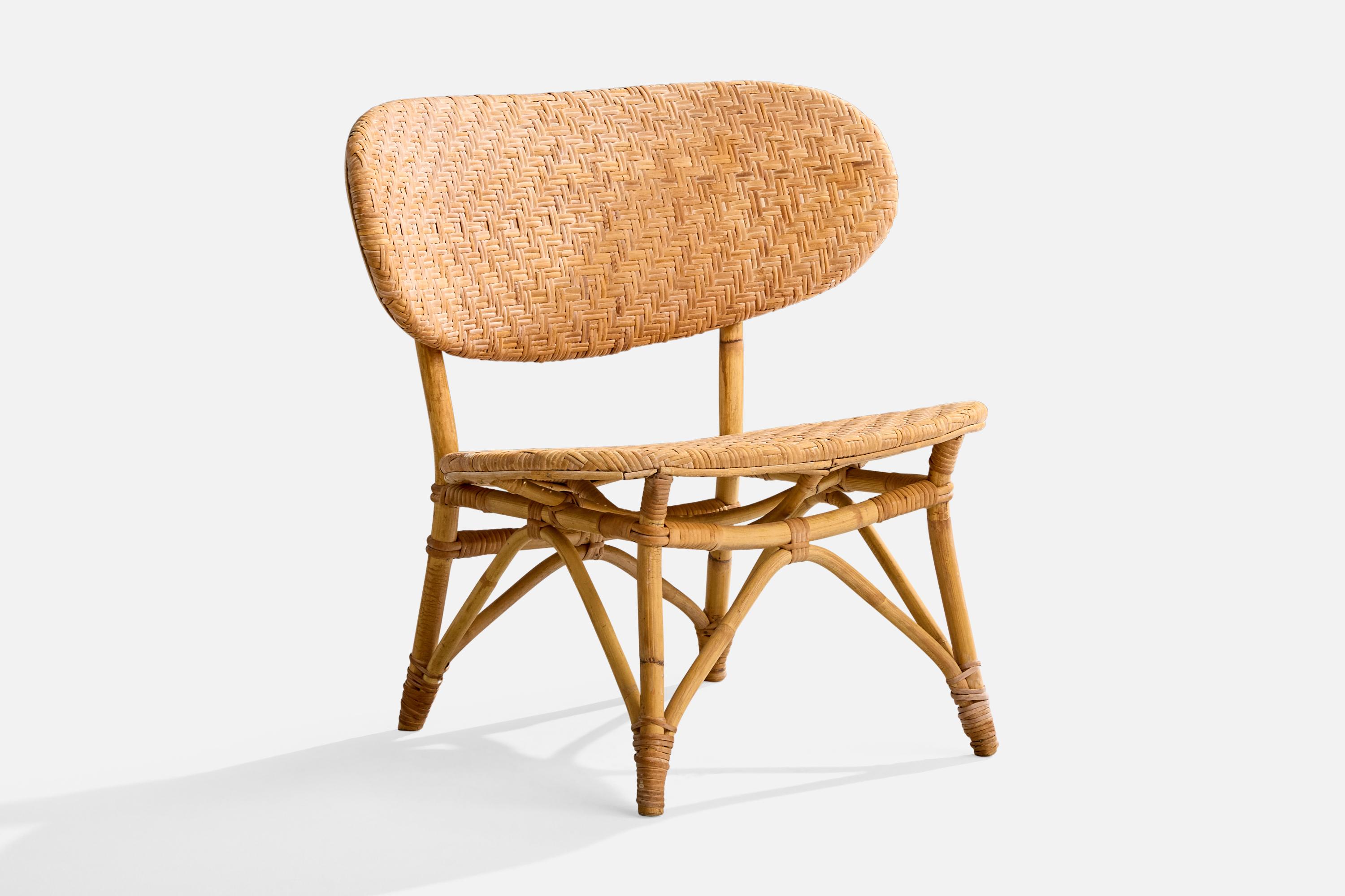 Tropikmöbler Ransta, Slipper Chairs, Bamboo, Rattan, Sweden, 1950s In Good Condition For Sale In High Point, NC