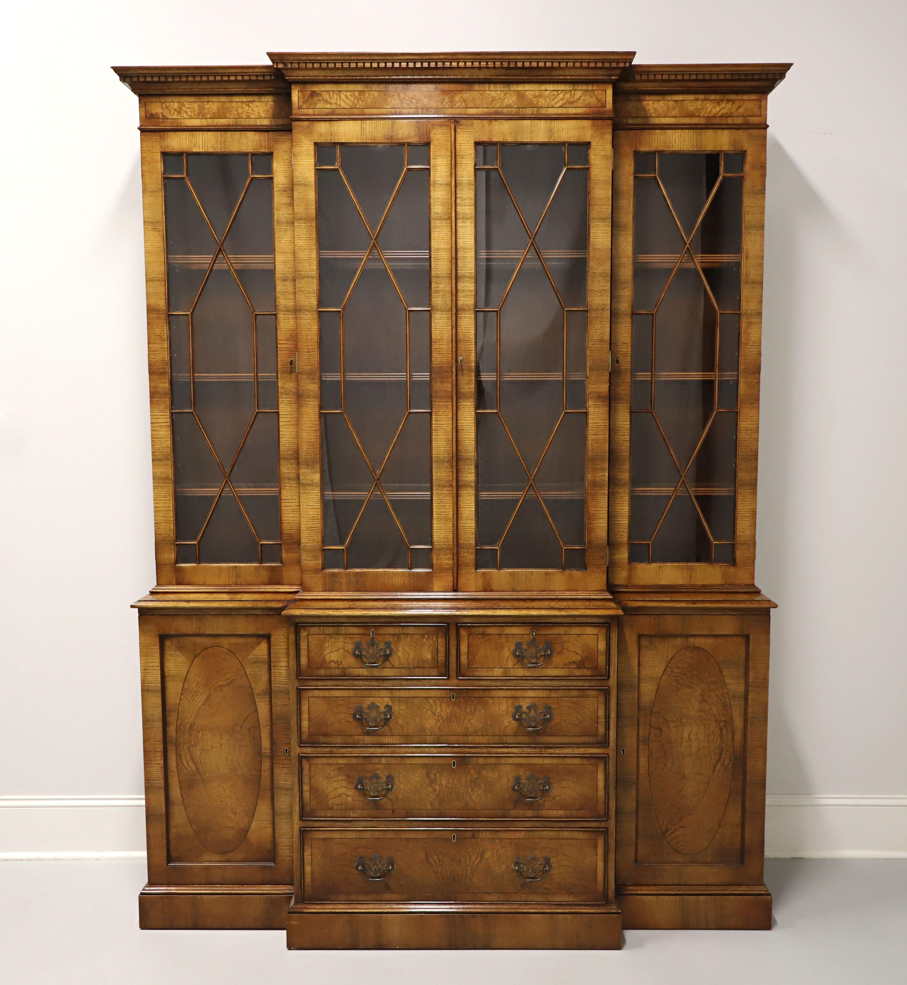 English TROSBY Burlwood & Oak Chippendale Breakfront China Cabinet For Sale