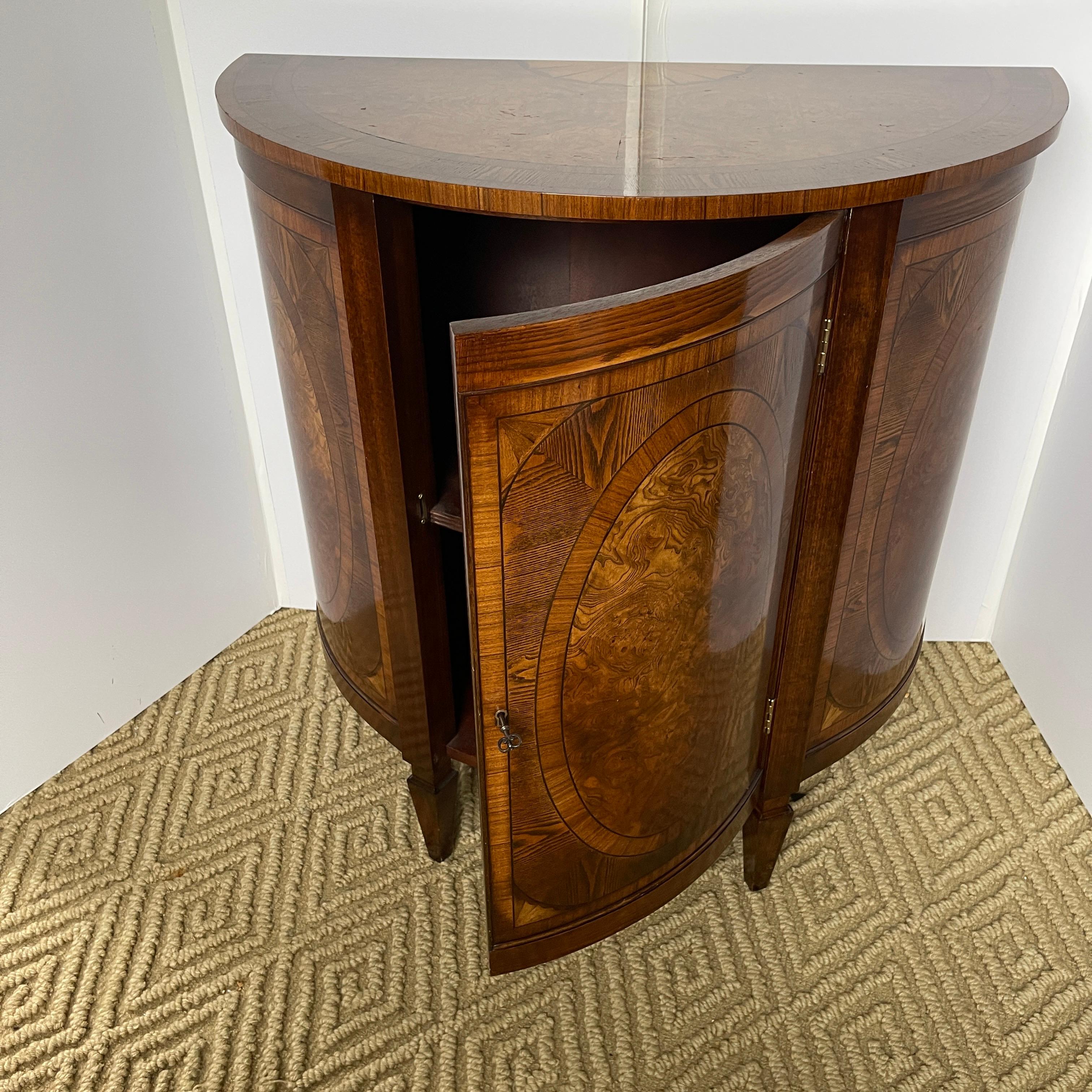 Inlay Trosby Demi-Lune Mahogany and Yew Wood Cabinet, Made in England