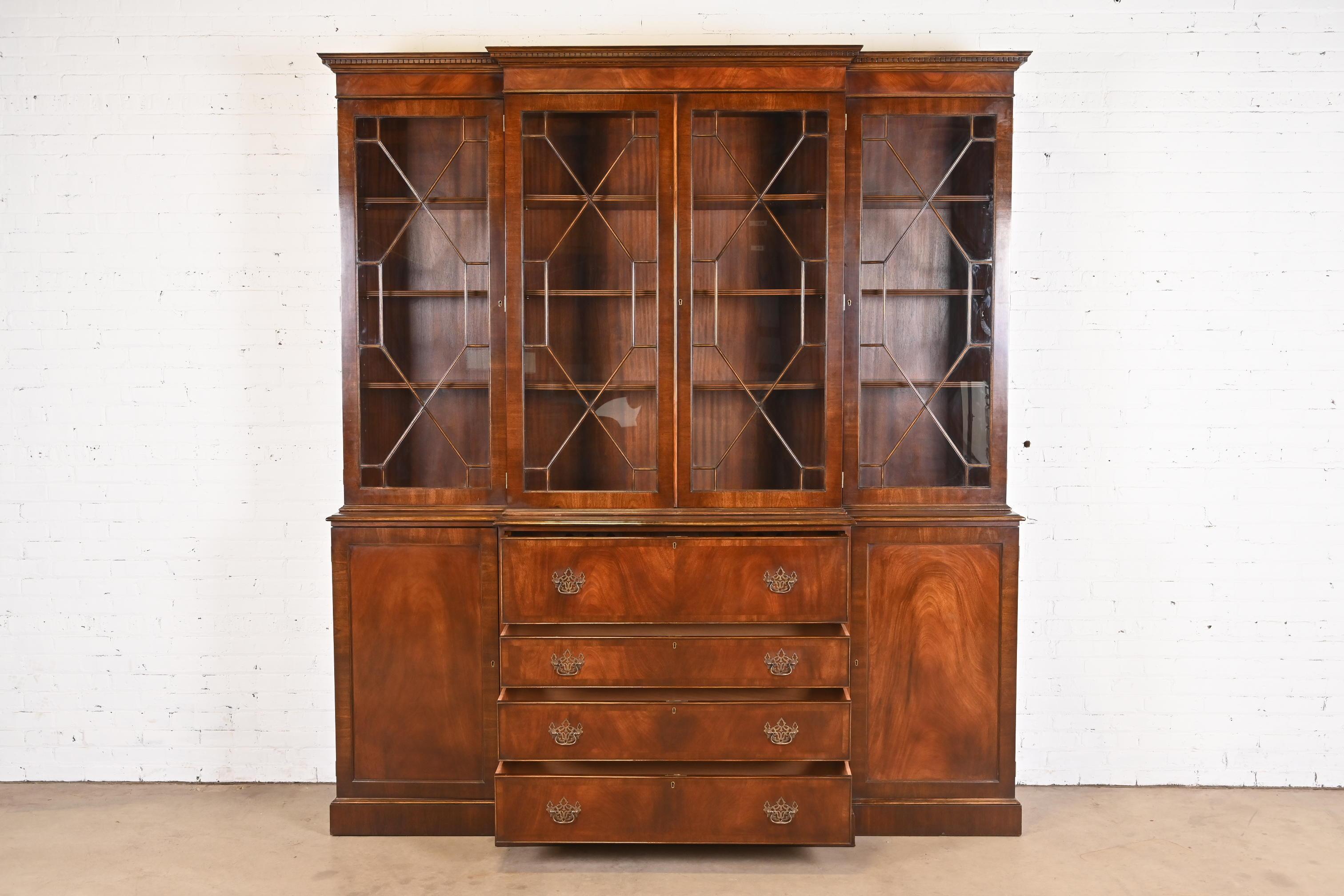 Trosby Georgian Mahogany Breakfront Bookcase Cabinet With Secretary Desk For Sale 6