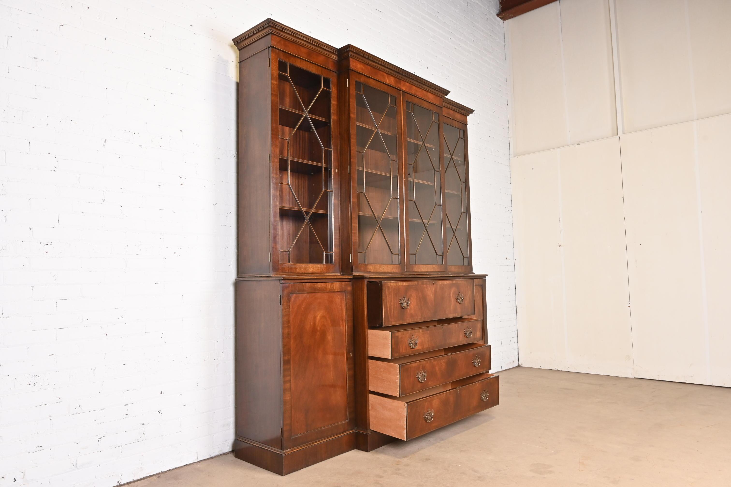 Trosby Georgian Mahogany Breakfront Bookcase Cabinet With Secretary Desk For Sale 7