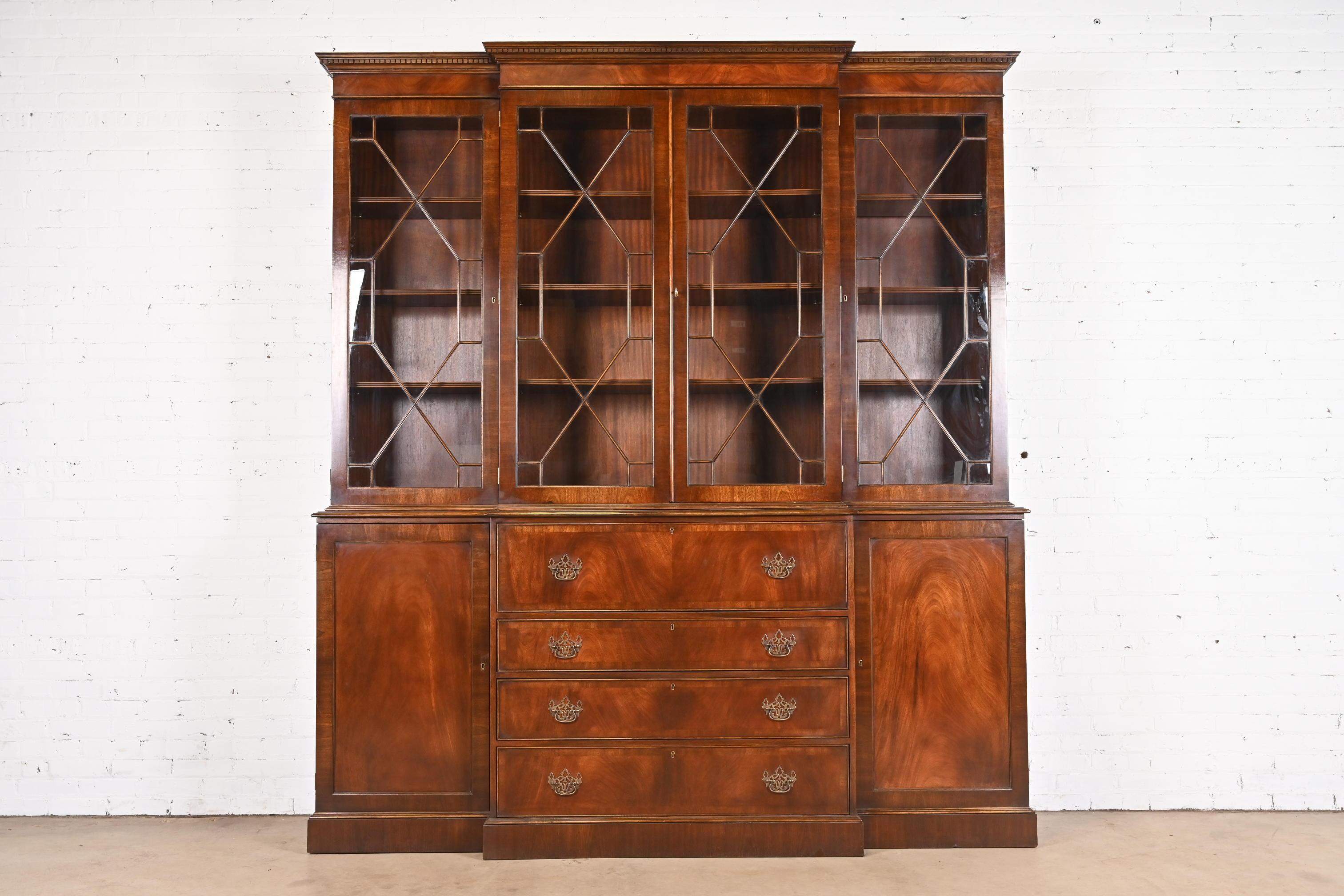 American Trosby Georgian Mahogany Breakfront Bookcase Cabinet With Secretary Desk For Sale