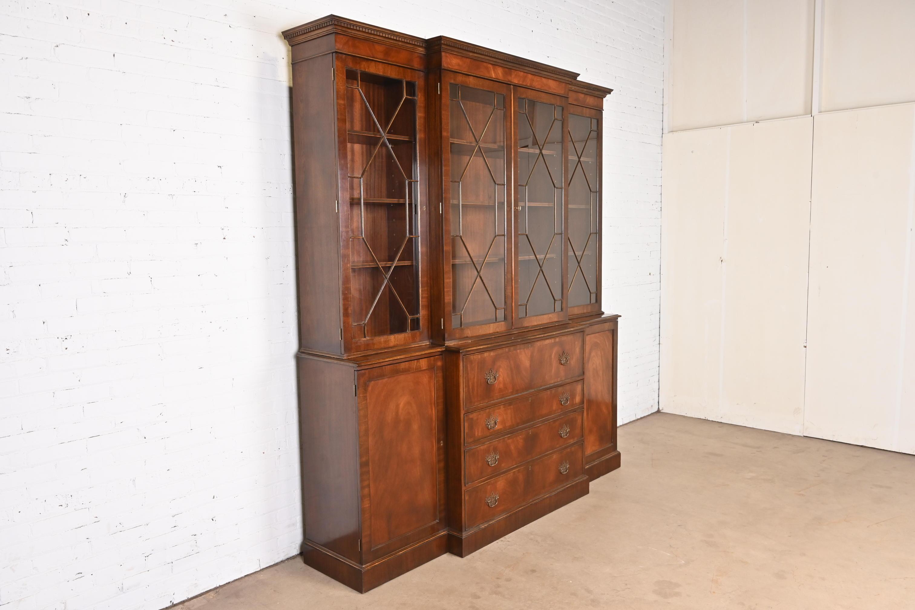 Late 20th Century Trosby Georgian Mahogany Breakfront Bookcase Cabinet With Secretary Desk For Sale