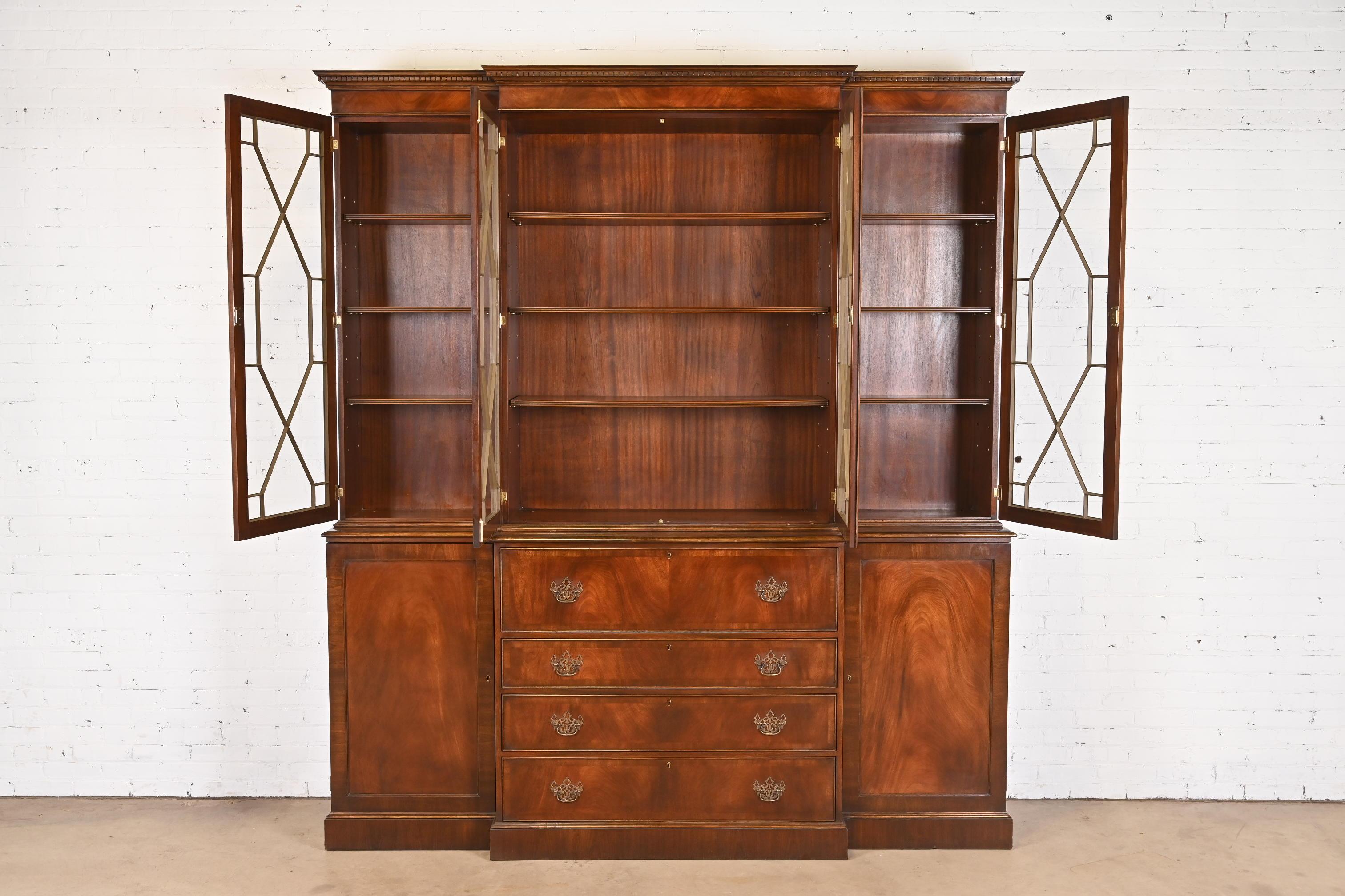 Brass Trosby Georgian Mahogany Breakfront Bookcase Cabinet With Secretary Desk For Sale