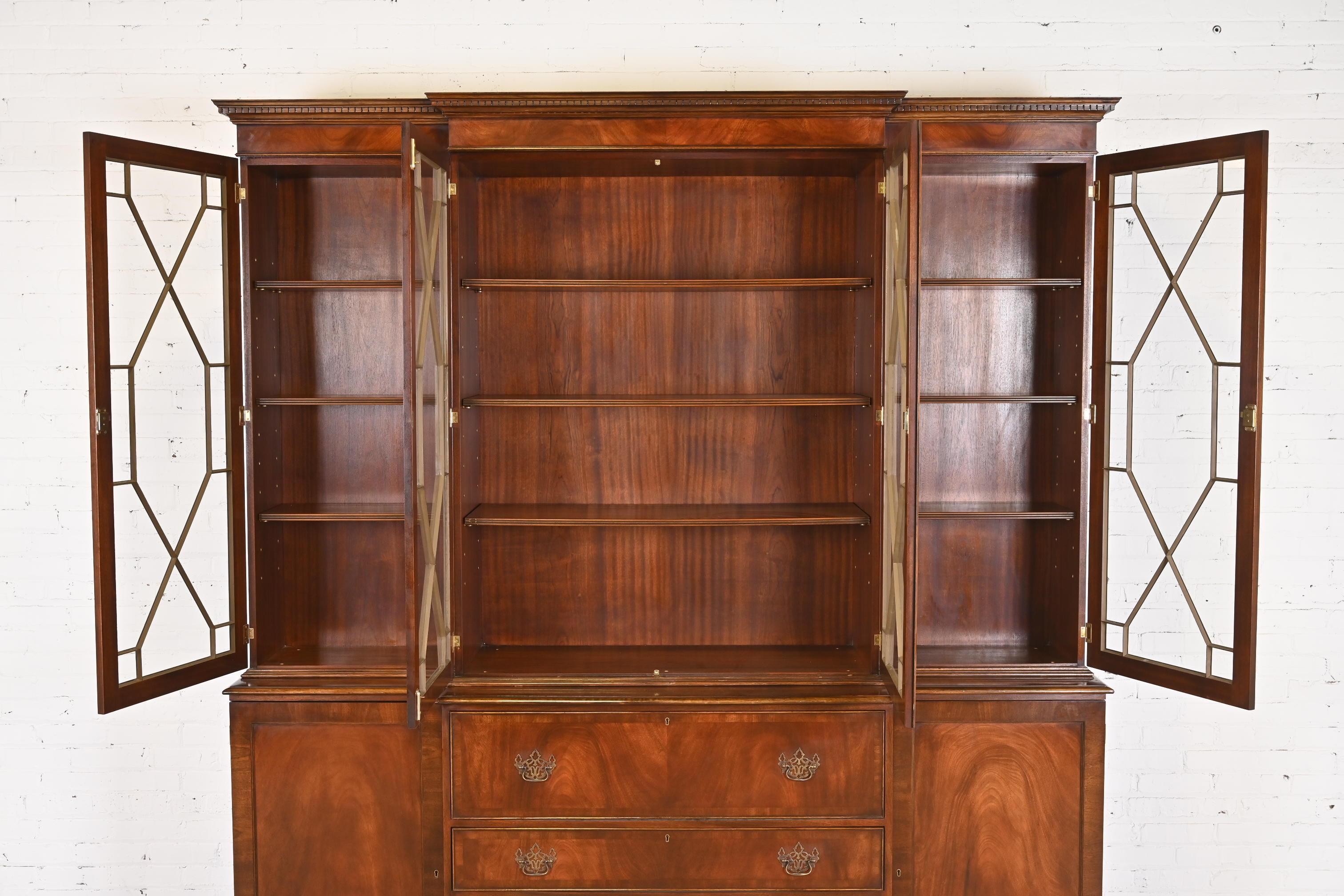 Trosby Georgian Mahogany Breakfront Bookcase Cabinet With Secretary Desk For Sale 1