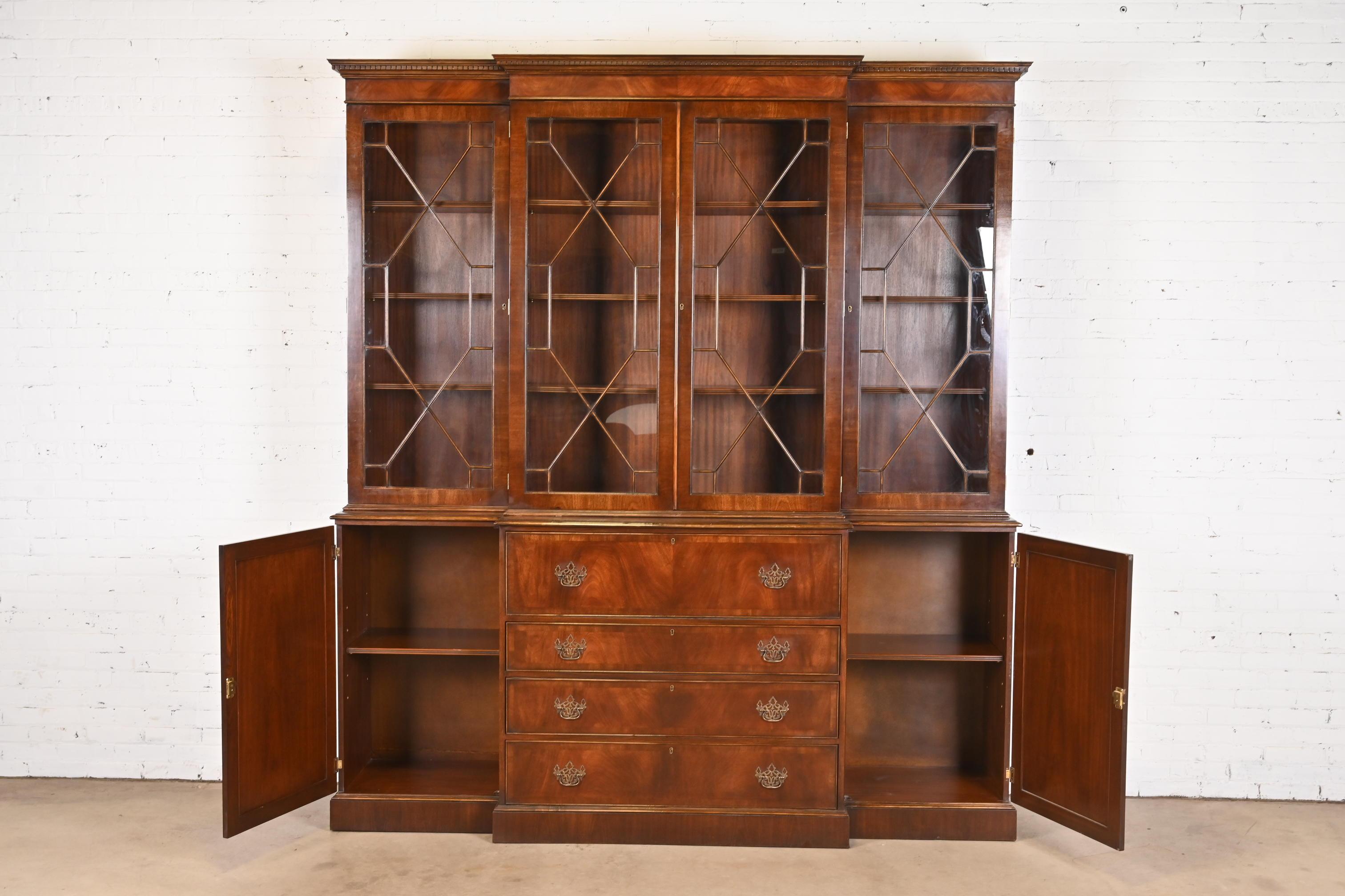 Trosby Georgian Mahogany Breakfront Bookcase Cabinet With Secretary Desk For Sale 2