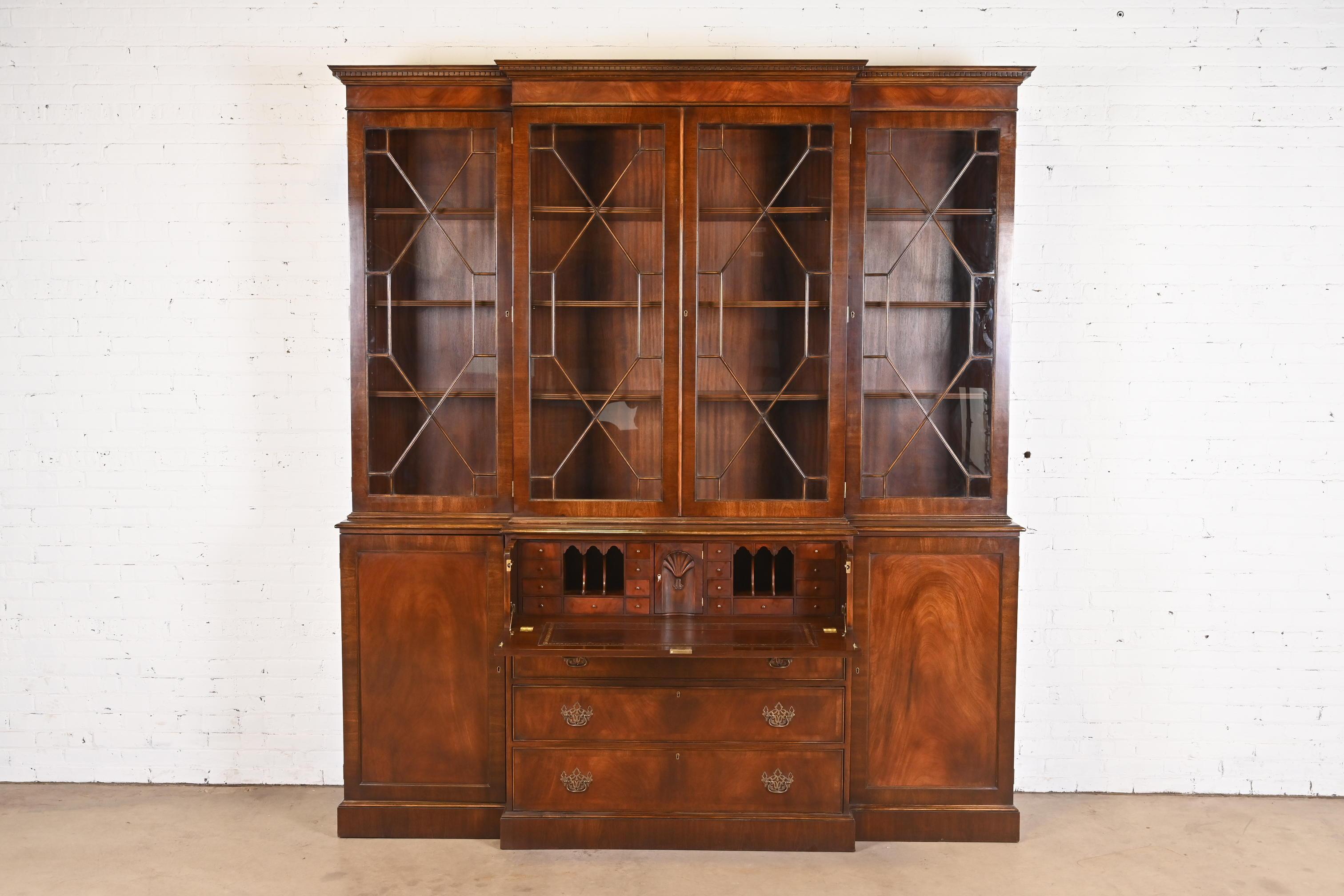 Trosby Georgian Mahogany Breakfront Bookcase Cabinet With Secretary Desk For Sale 3
