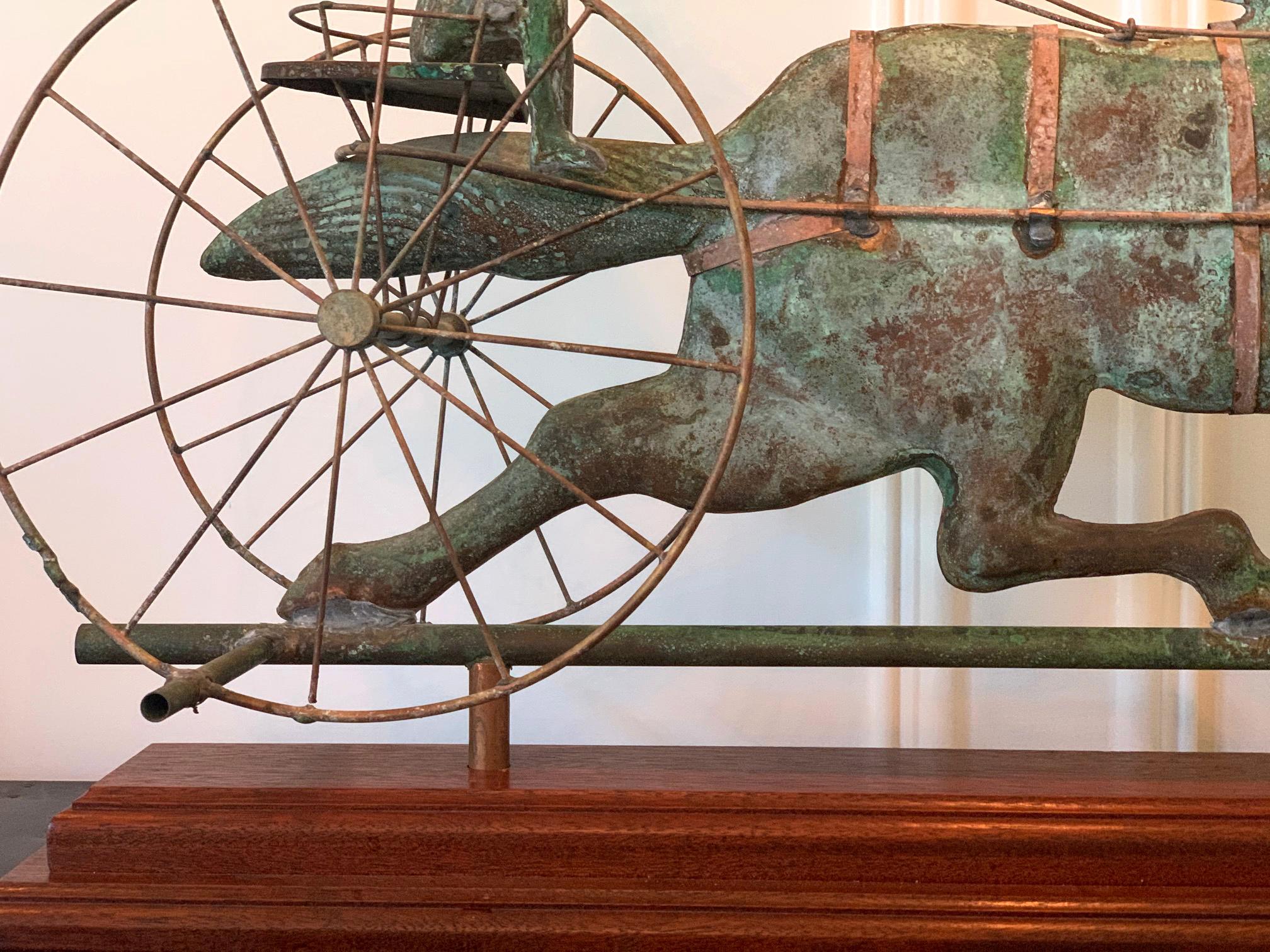 19th Century Trotting Horse with Sulky Copper Weathervane on Display