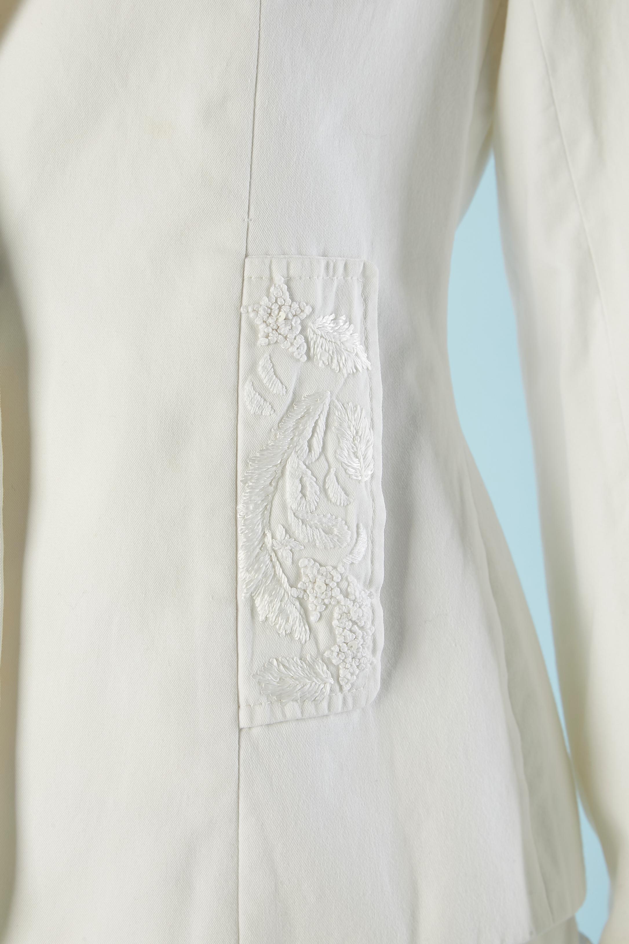 Gray Trouser-suit in white cotton with embroideries on pockets Christian Lacroix For Sale