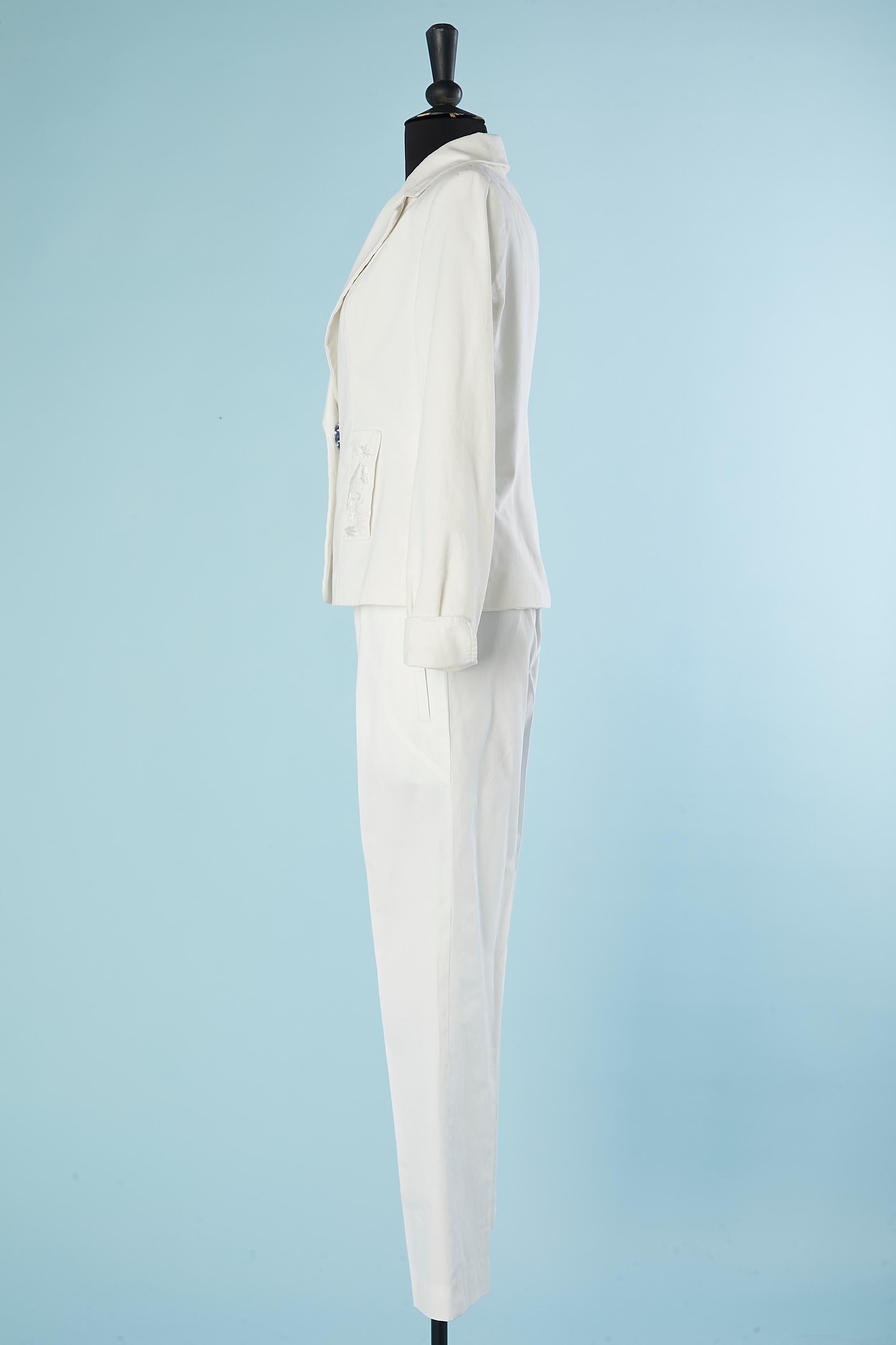 Trouser-suit in white cotton with embroideries on pockets Christian Lacroix In Excellent Condition For Sale In Saint-Ouen-Sur-Seine, FR