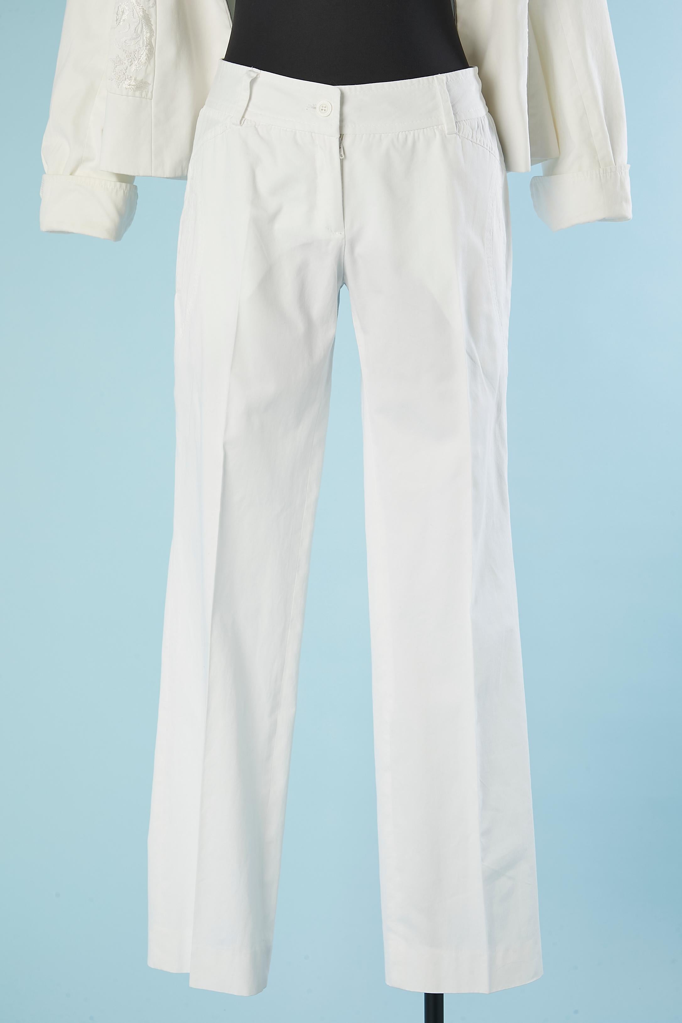 Trouser-suit in white cotton with embroideries on pockets Christian Lacroix For Sale 1