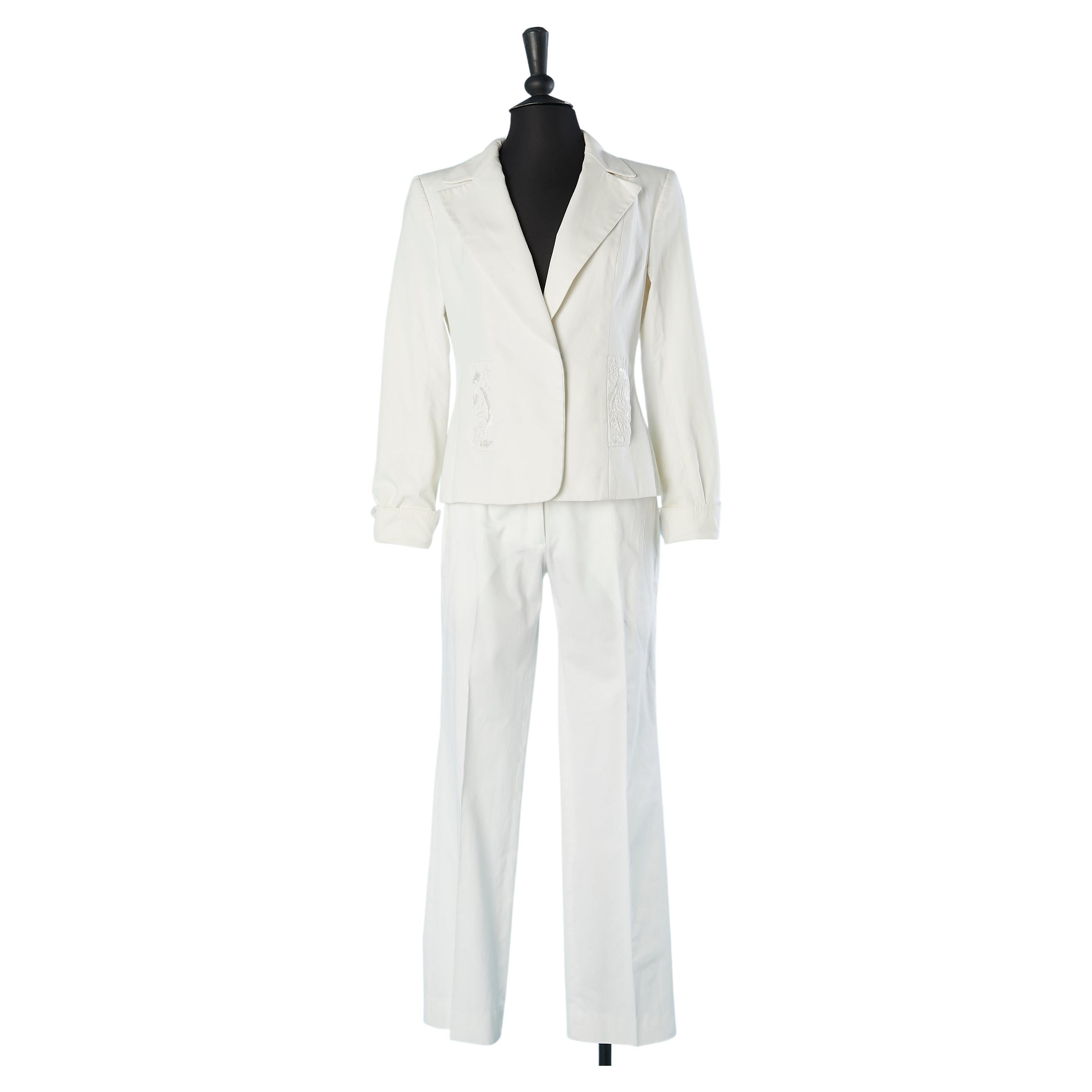 Trouser-suit in white cotton with embroideries on pockets Christian Lacroix For Sale