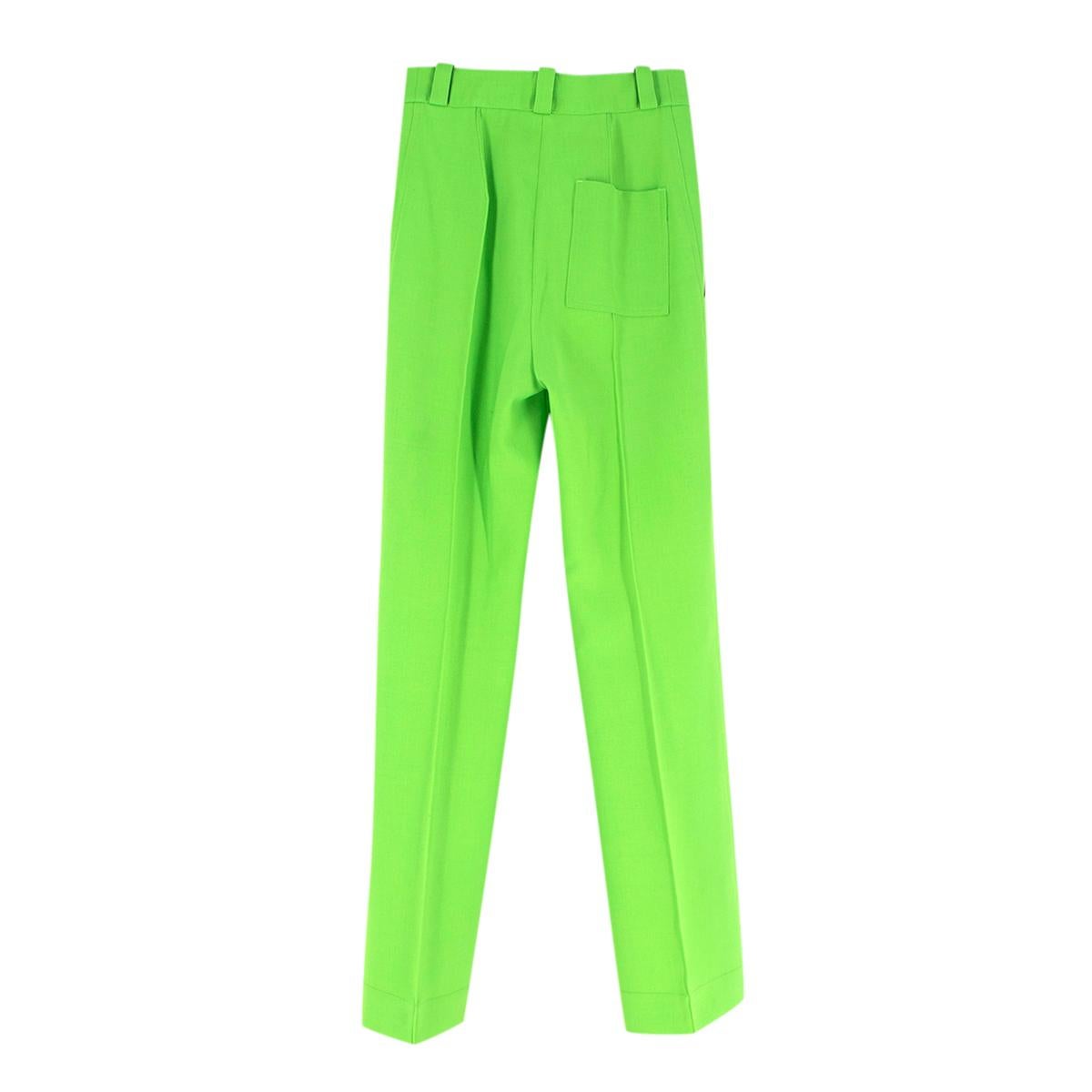 Kwaidan Editions Neon Green Wool-Blend Straight Fit Trousers

- Acid green pair of trousers, cut with a straight, professional silhouette
- Two side pockets, one back patch pocket
- Belt loops, button and zip fly closure
- Unlined