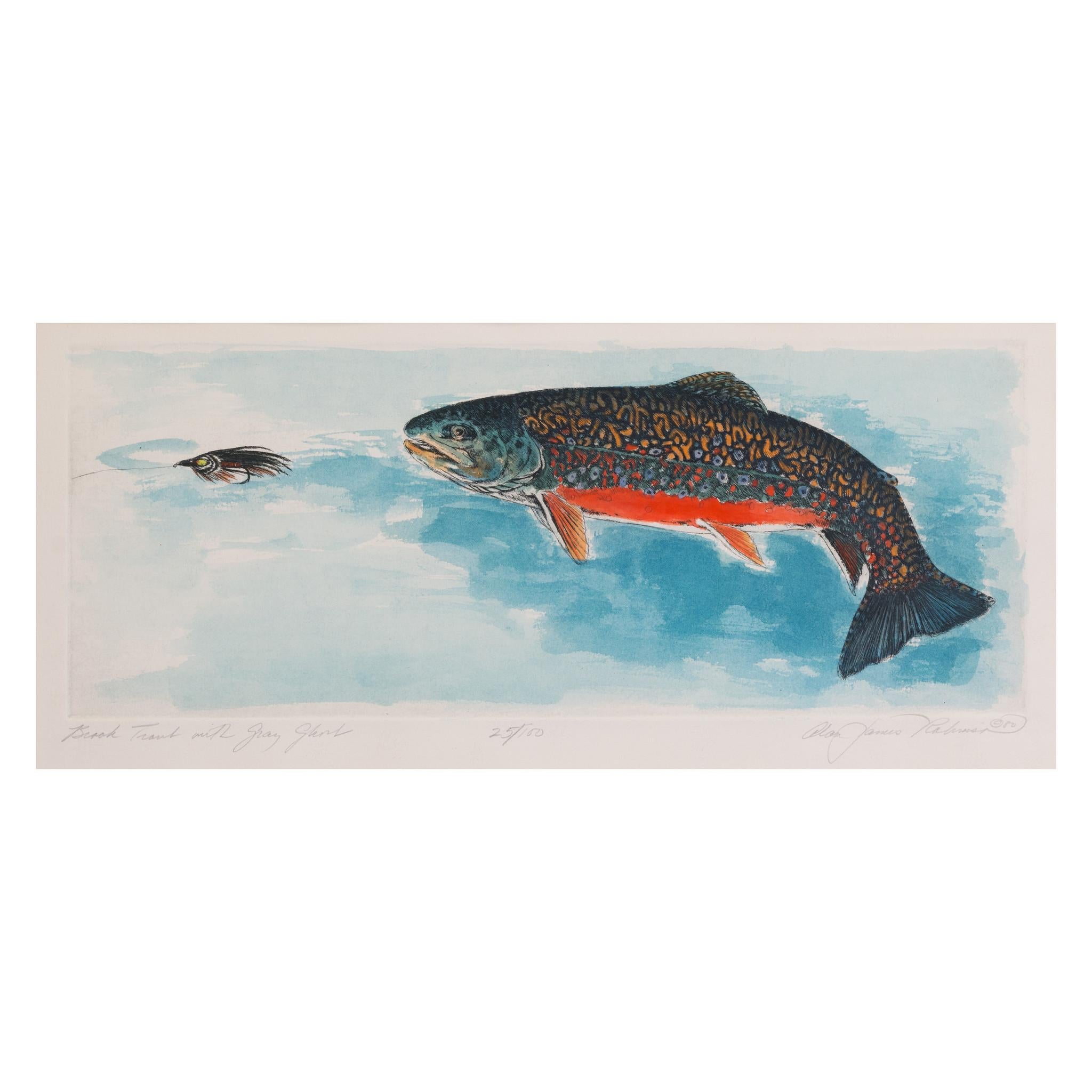 Trout Engraving Watercolors with Flies by Alan James Robinson In Excellent Condition In Coeur d'Alene, ID