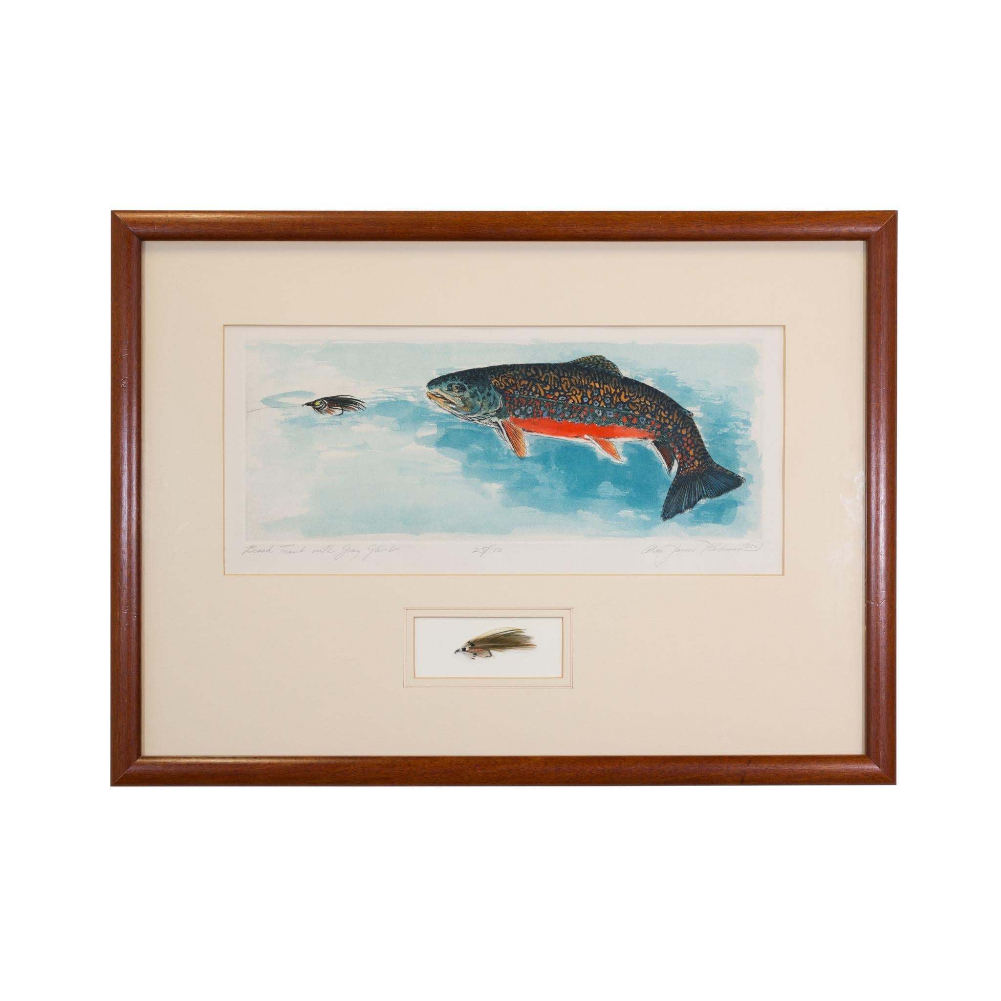 Late 20th Century Trout Engraving Watercolors with Flies by Alan James Robinson