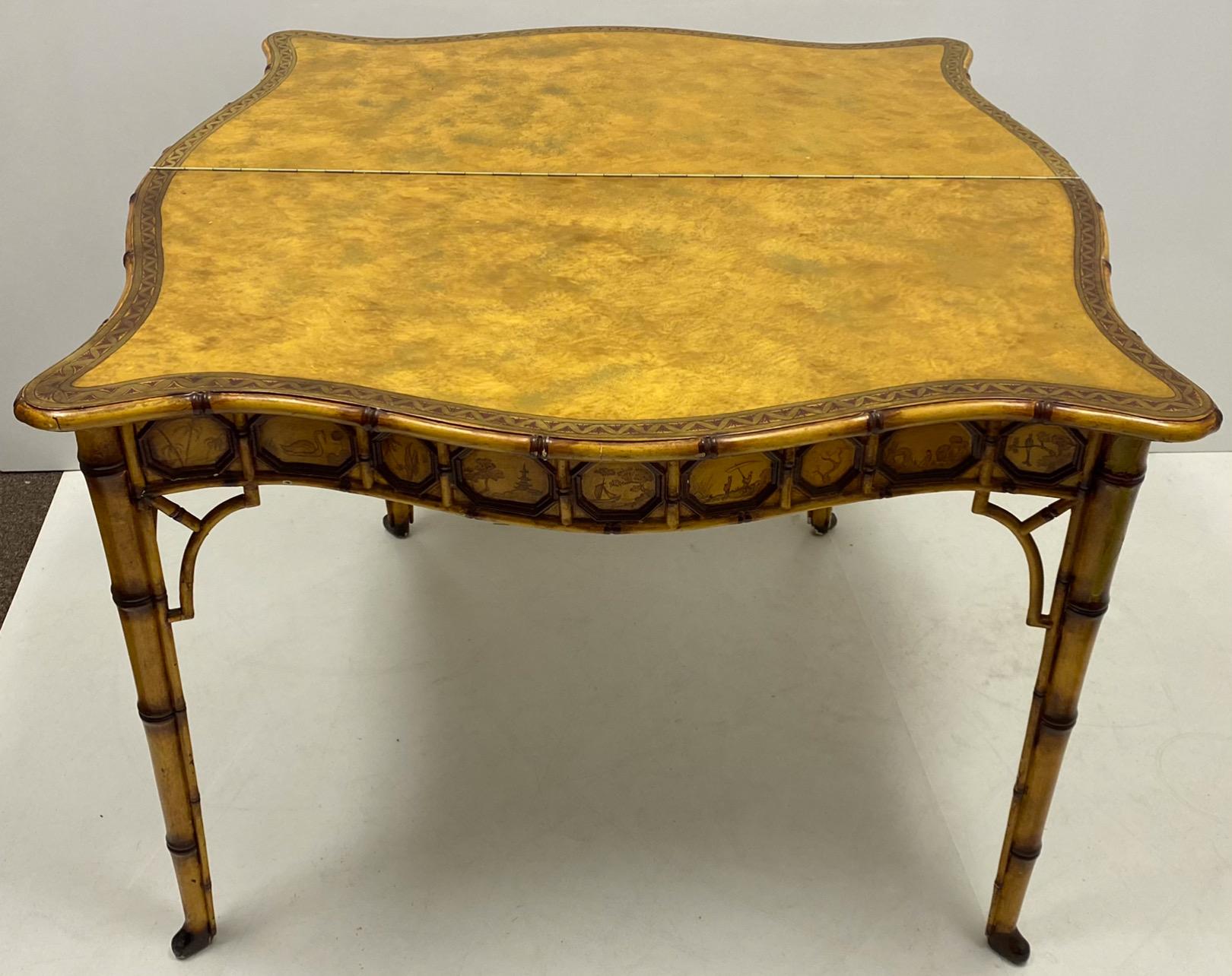 Chinese Chippendale Trouvailles French Chinoiserie Faux Bamboo Game or Console Table For Sale