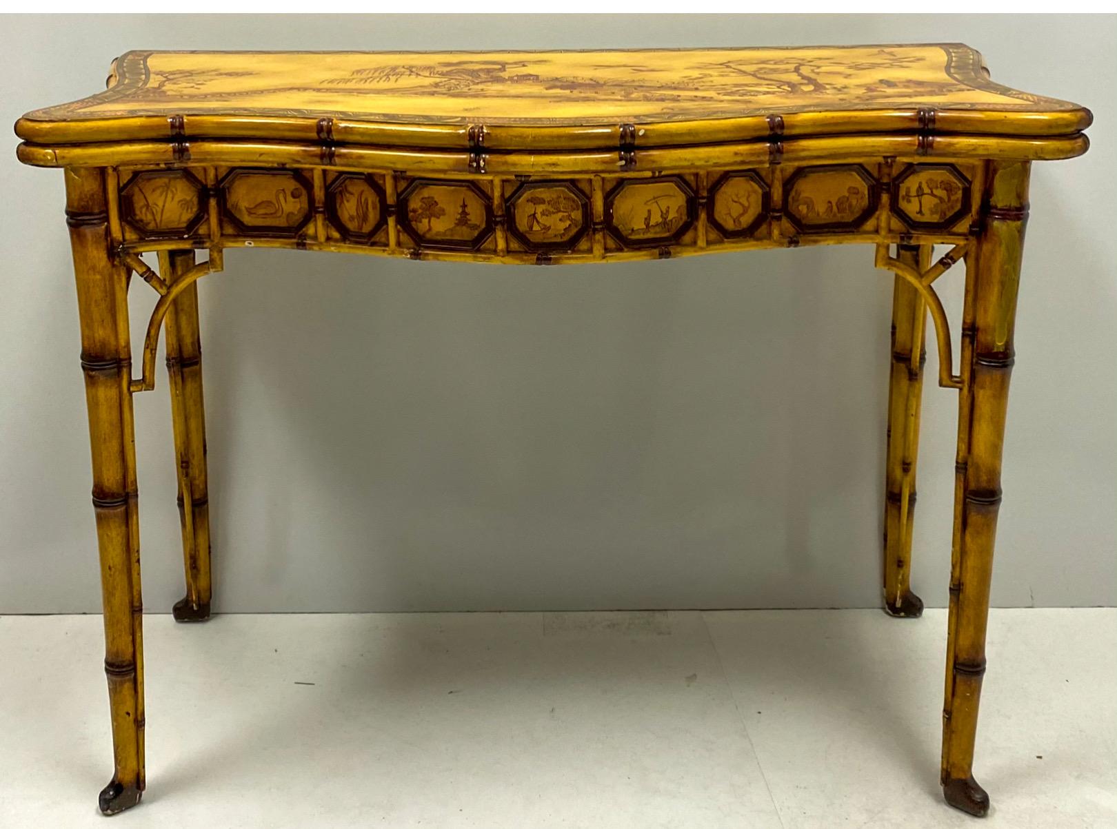 Trouvailles French Chinoiserie Faux Bamboo Game or Console Table In Good Condition For Sale In Kennesaw, GA
