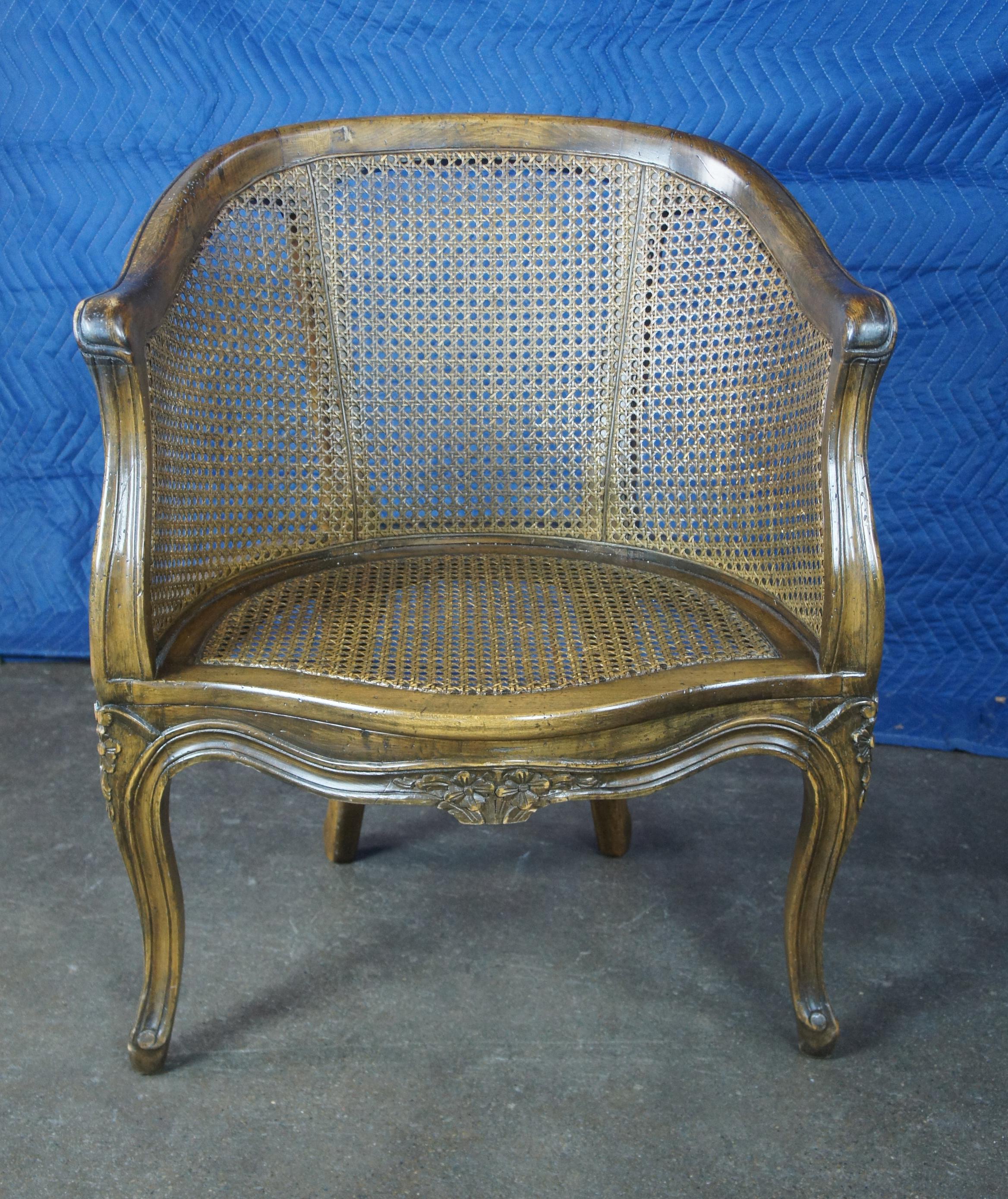 Trouvailles French Louis XVI Caned Walnut Serpentine Bergere Club Lounge Chair In Good Condition In Dayton, OH