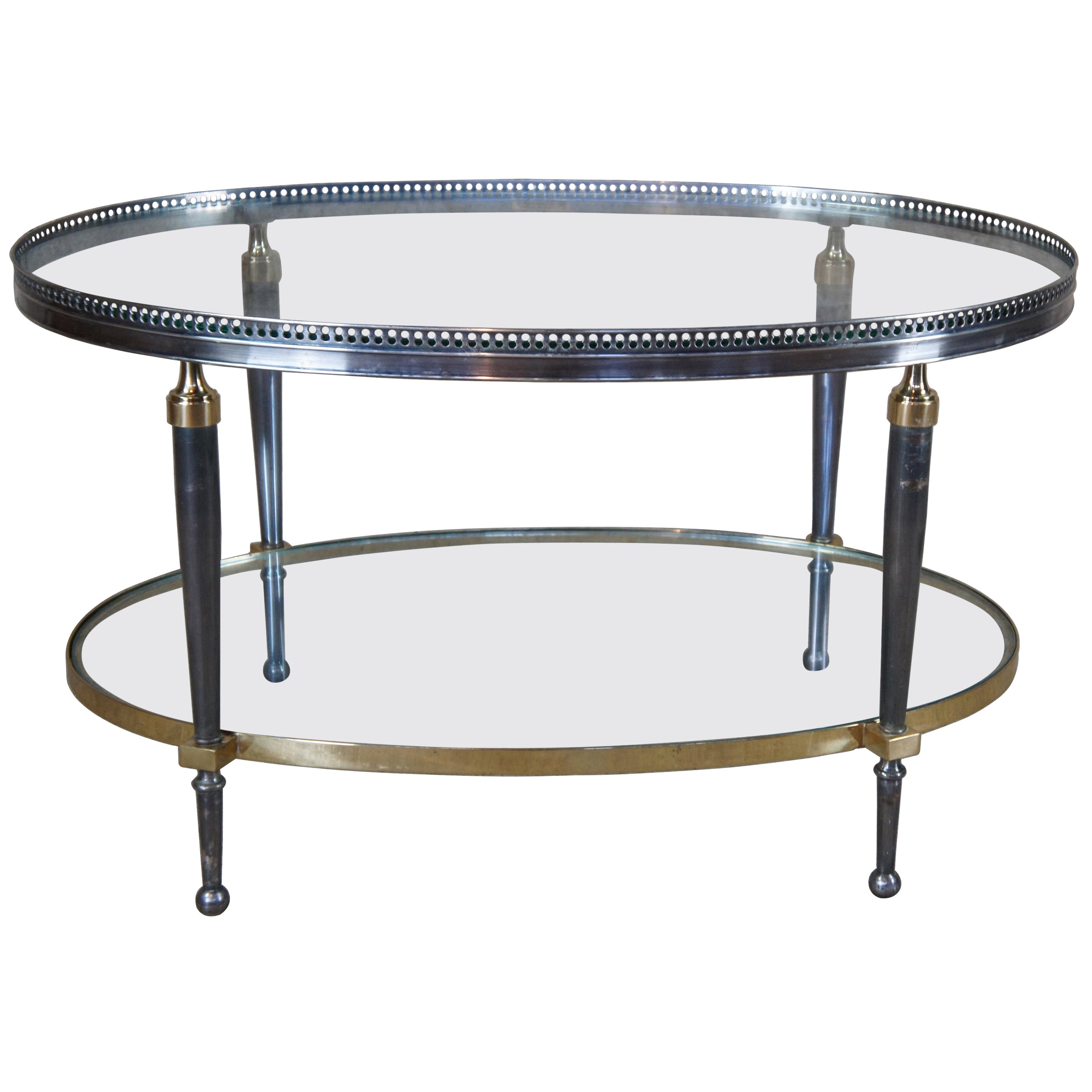 Trouvailles Hollywood Regency Silver 
Brass Oval Glass Top Coffee Table