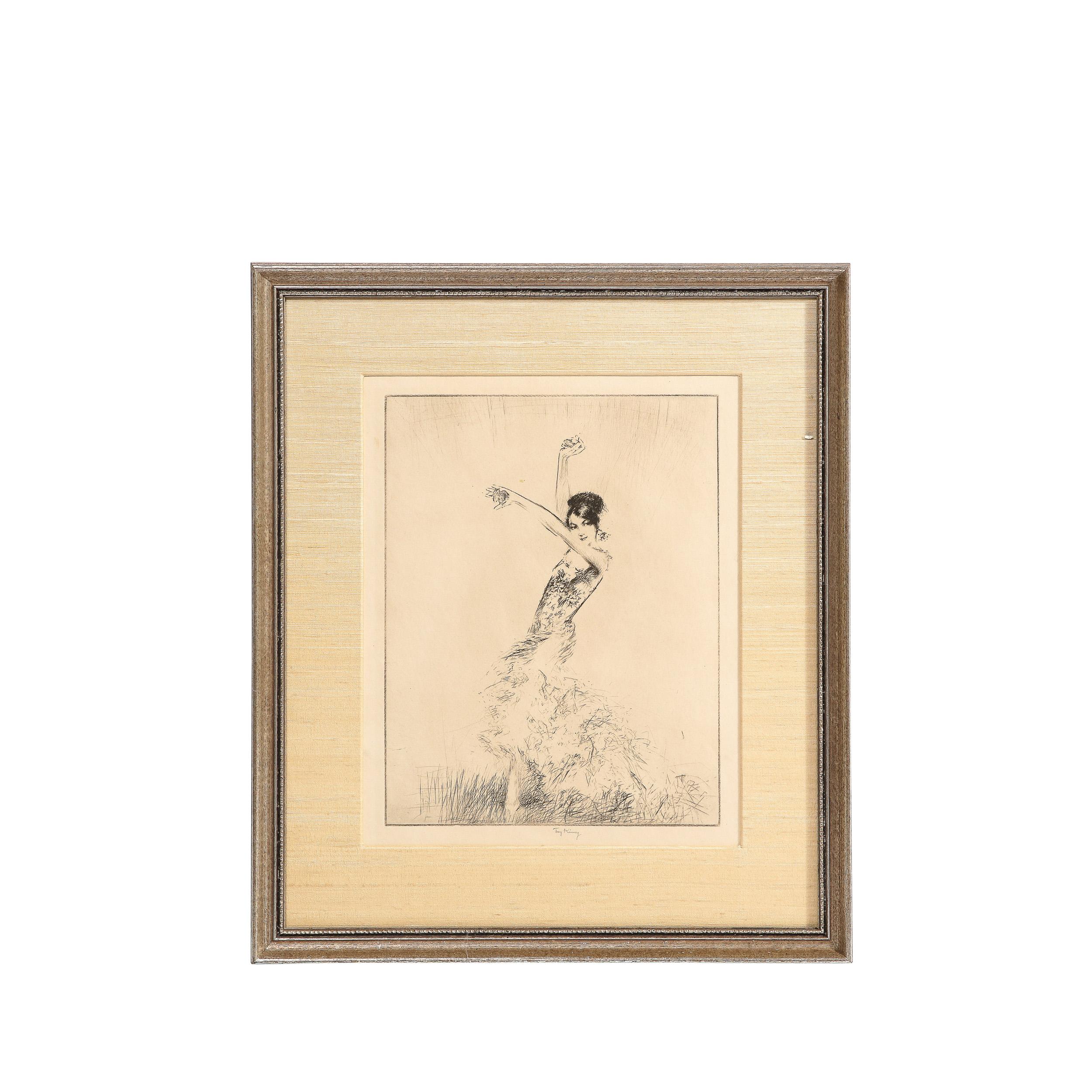 This refined etching and drypoint was realized by the esteemed American artist Troy Kinney in the United States circa 1920. The work features a lone female figure (presumable Doris Niles)  in a quintessentially Art Deco dress against a blank