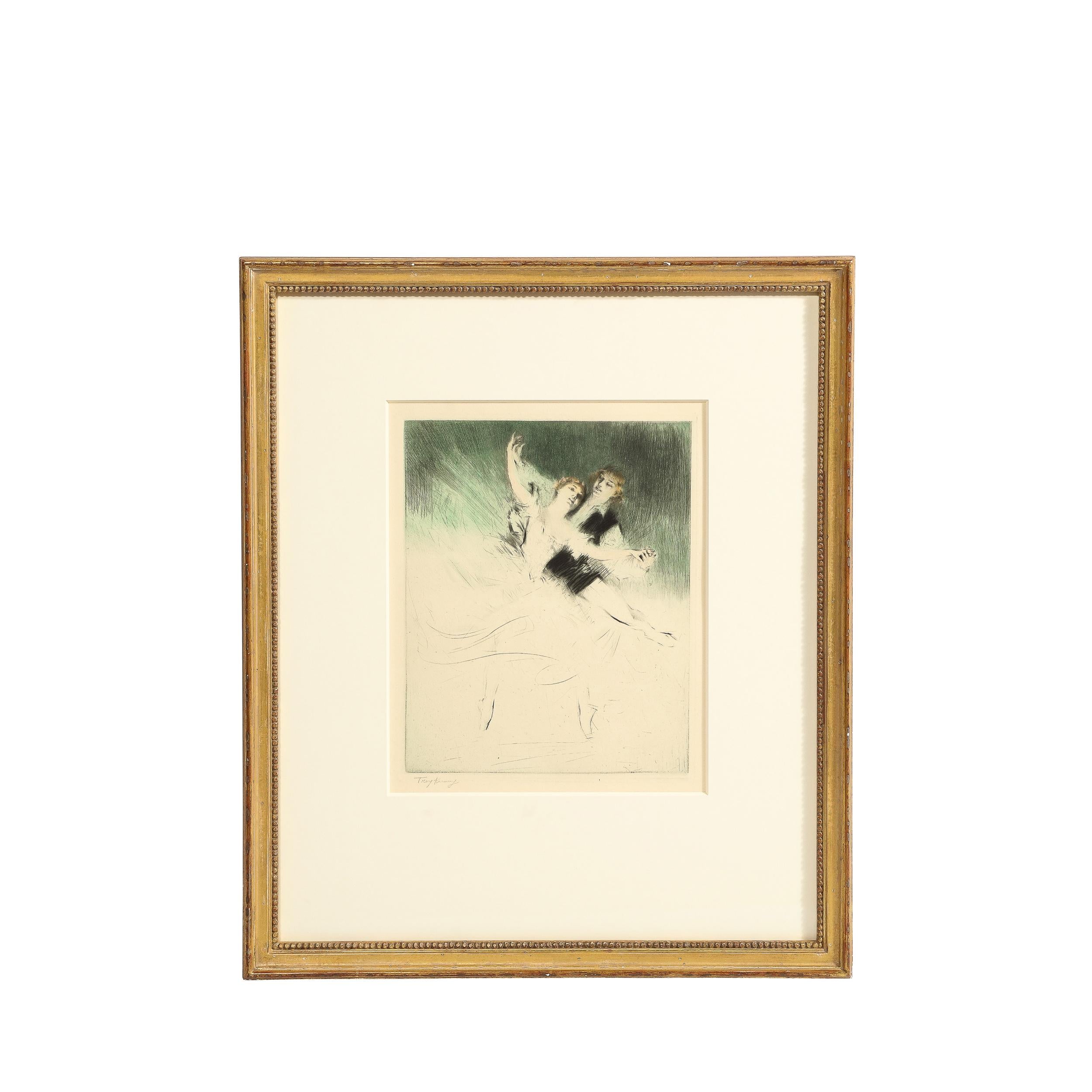 This refined etching and drypoint was realized by the esteemed American artist Troy Kinney in the United States circa 1920. The work features two dancing figures- a woman leaning against the male figure behind her, perhaps moments before being