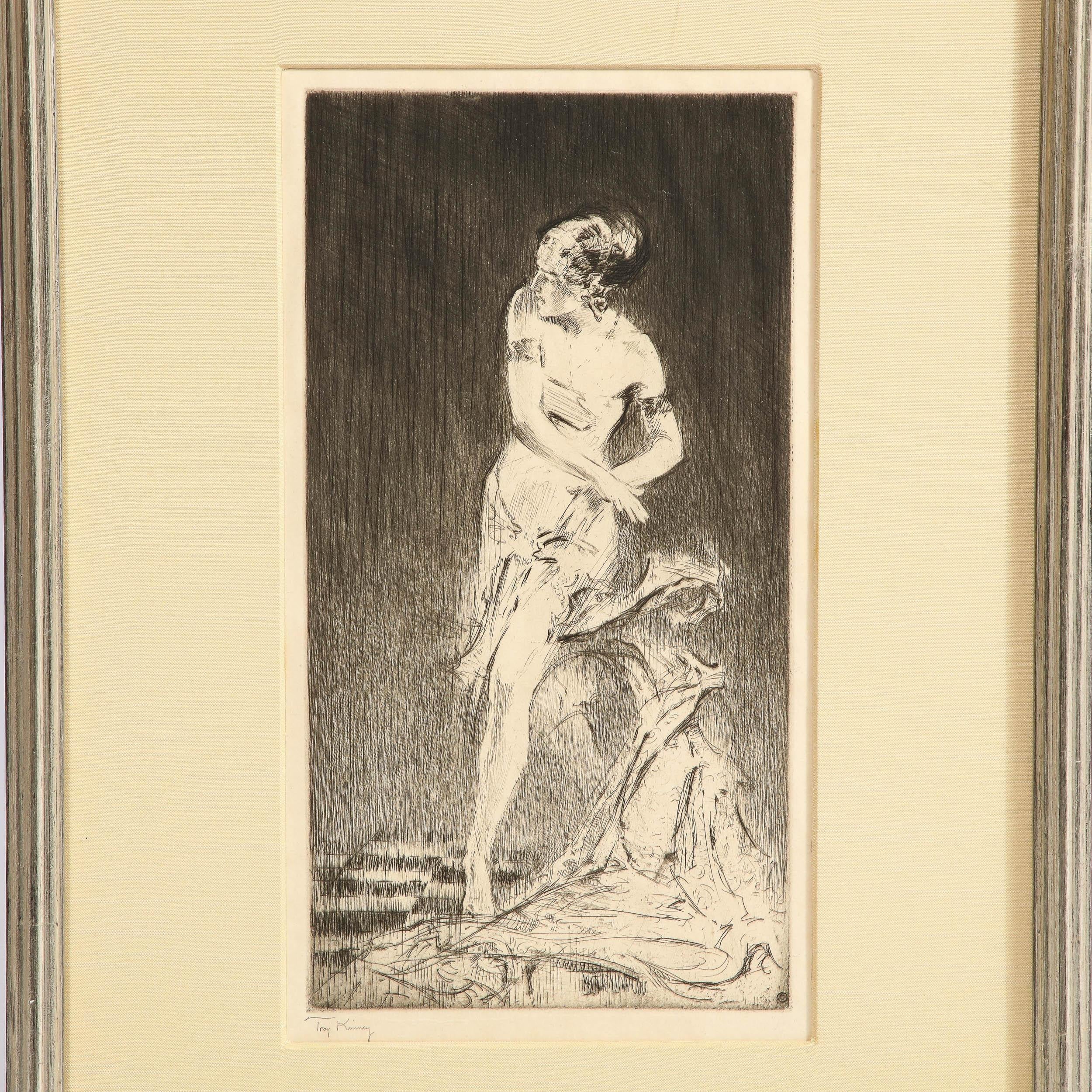 This beautiful and sophisticated etching and drypoint was realized by the esteemed American artist Troy Kinney in the United States circa 1920. The work features a lone female figure (presumable Vera) with an ombre gradient background standing on a