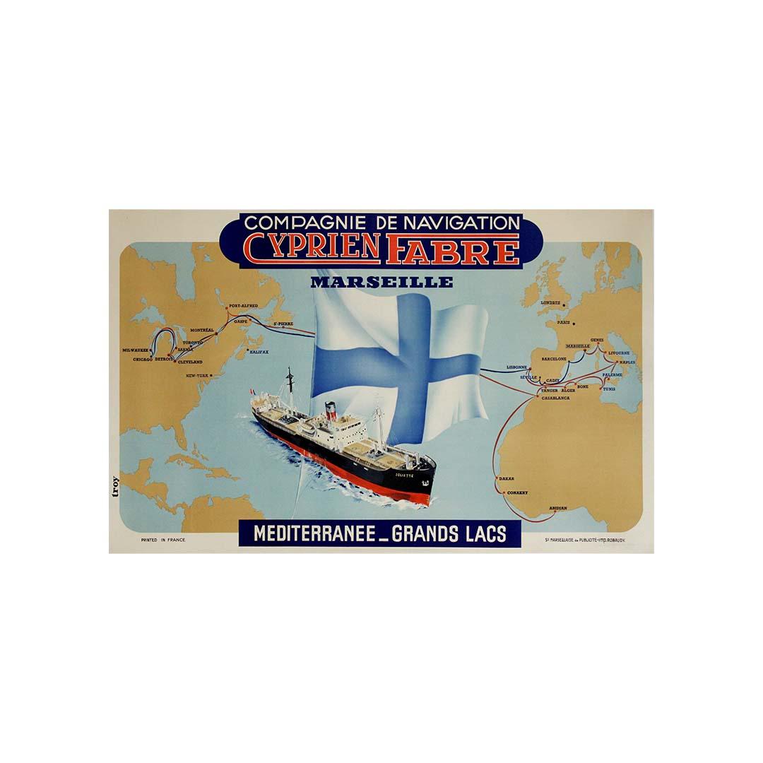 Dieses Original-Reiseplakat des Künstlers Troy aus dem Jahr 1950 wurde von der historischen Compagnie de Navigation Cyprien Fabre mit Sitz in Marseille herausgegeben. Die Fabre-Linie wurde Mitte des 19. Jahrhunderts gegründet und entwickelte sich zu