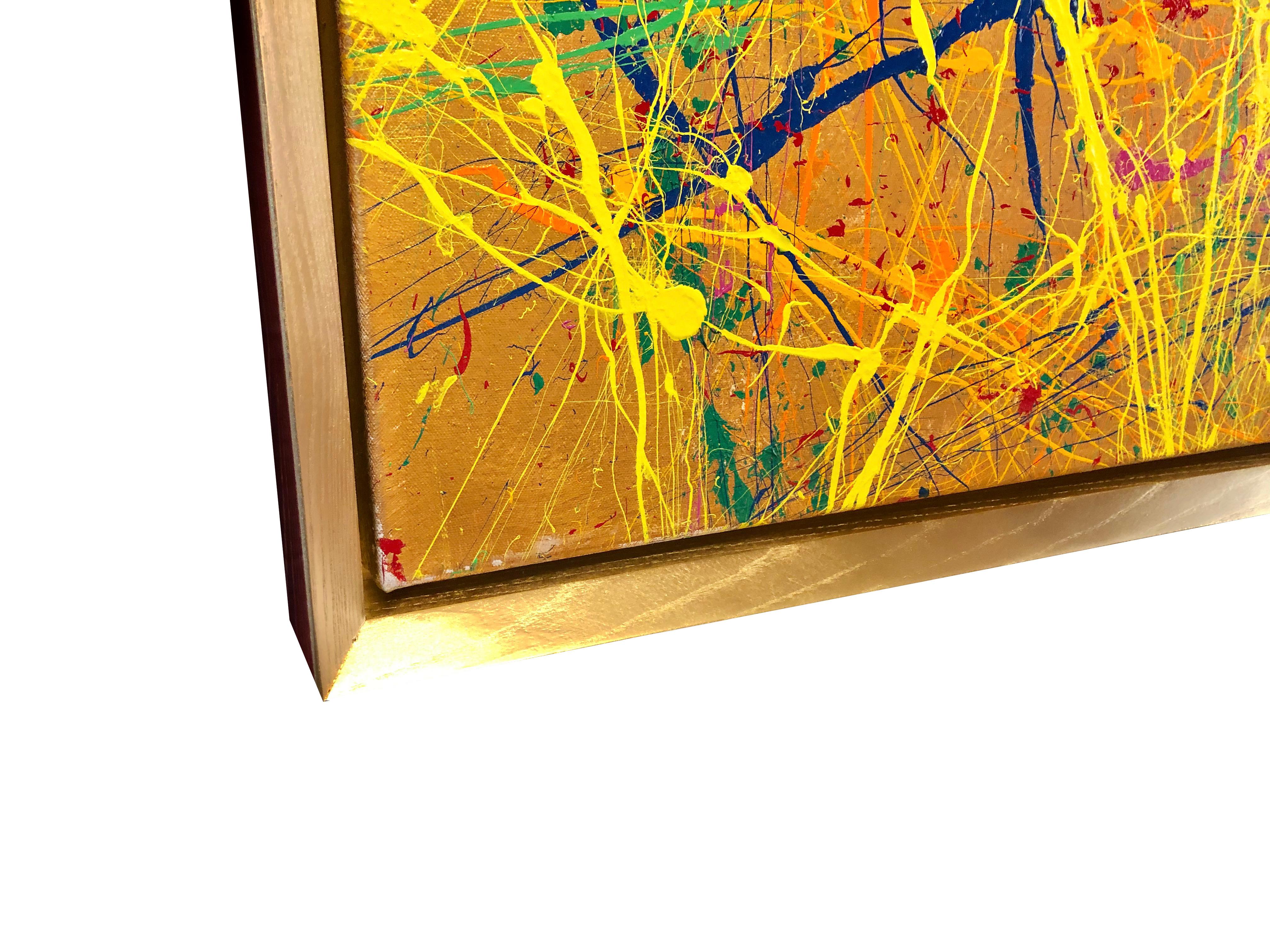 The painting is titled Electric Brainwave. Painted by Troy Smith in acrylic on canvas with a solid ash floater frame painted in metallic gold. Vivid in colour Electric Brainwave evokes energy, depth, movement and energy.

The painting comes with a