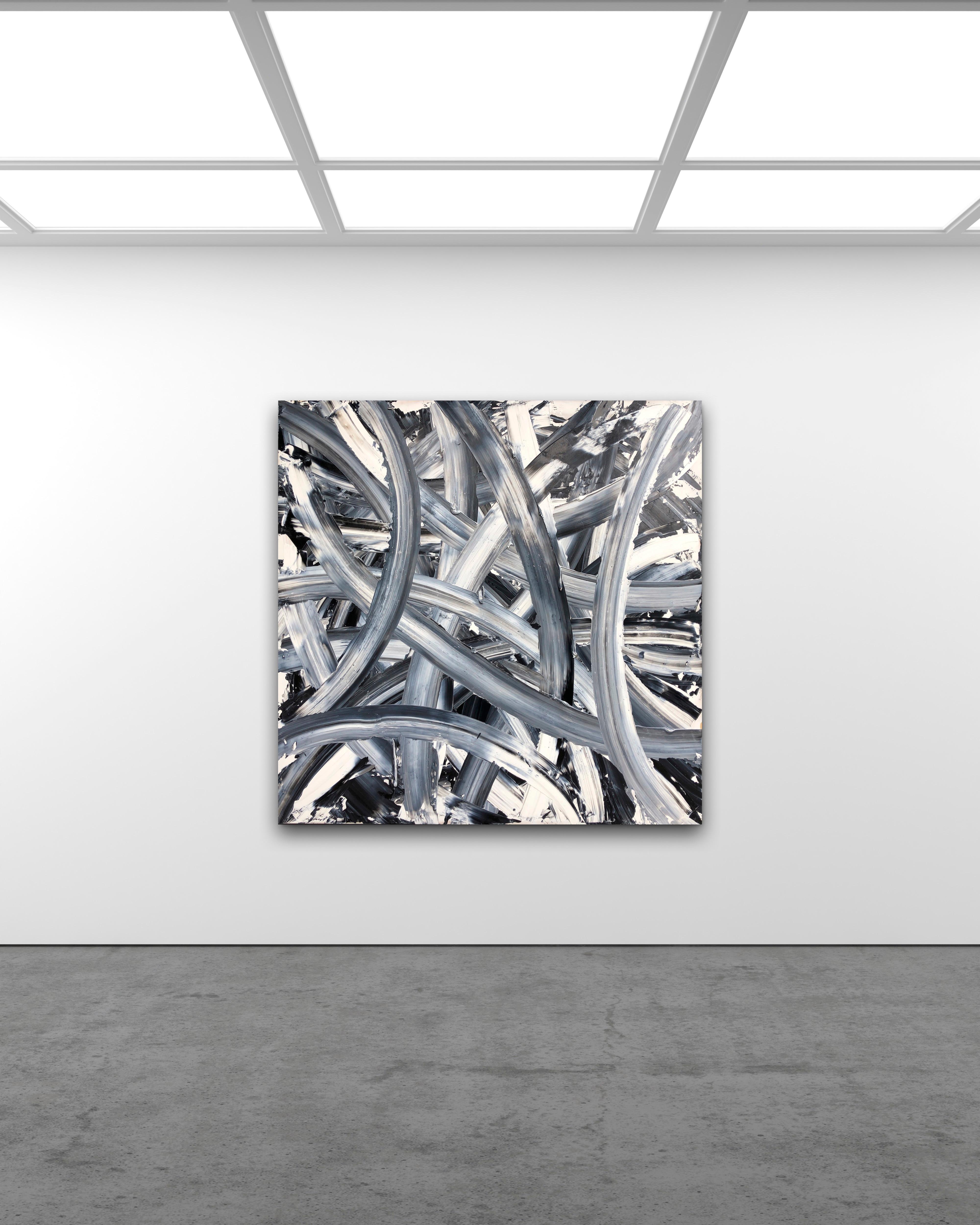 Endless Night was painted by Troy Smith in acrylic on a Birch panel. The long arching palette strokes reach from one edge of the painting to the other. Blending only two colours, black and white. The long stretching palette work blends the two