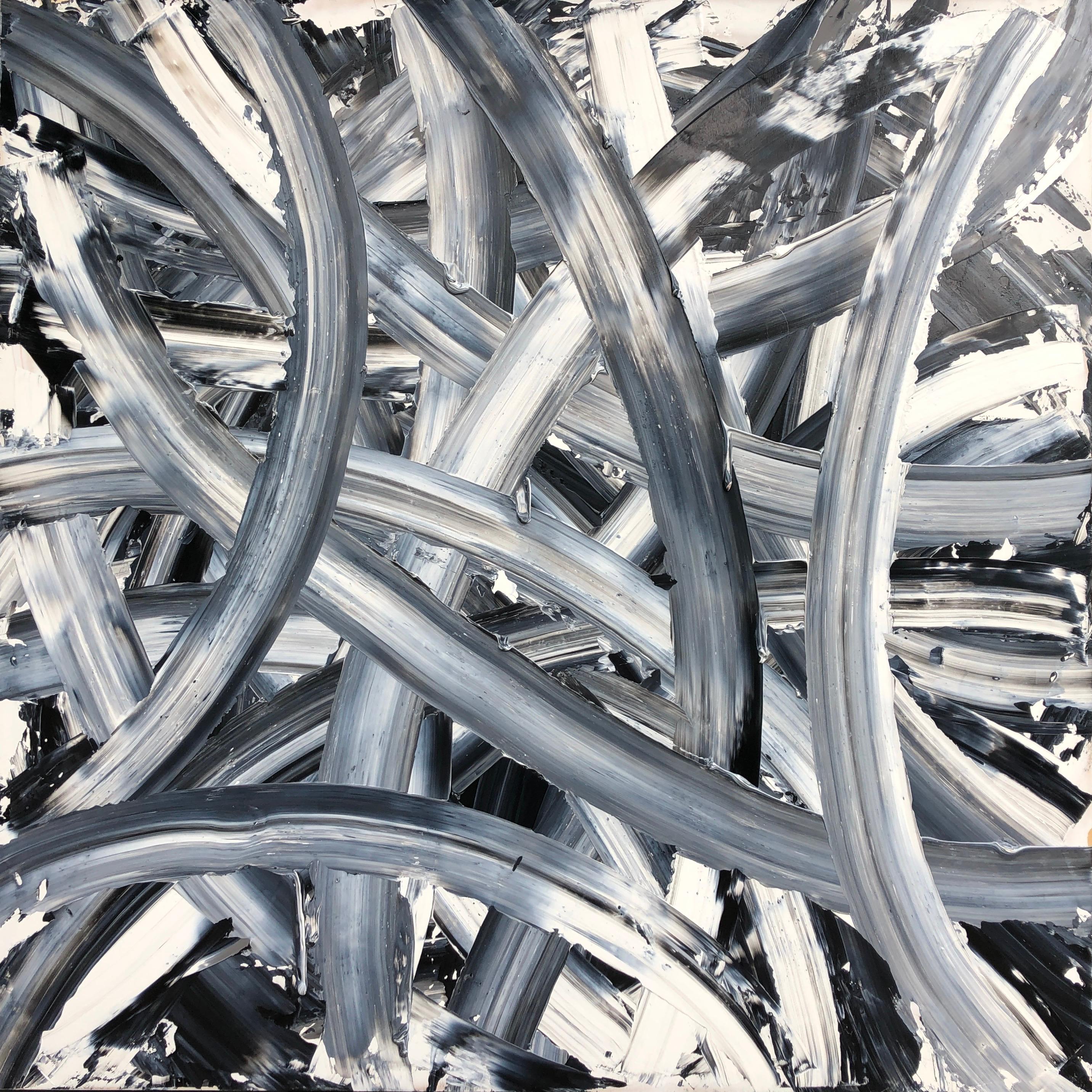 Endless Night wurde von Troy Smith in Acryl auf eine Birkenholzplatte gemalt. Die langen, bogenförmigen Palettenstriche reichen von einem Rand des Bildes zum anderen. Es werden nur zwei Farben gemischt, Schwarz und Weiß. Die langgezogene Palette