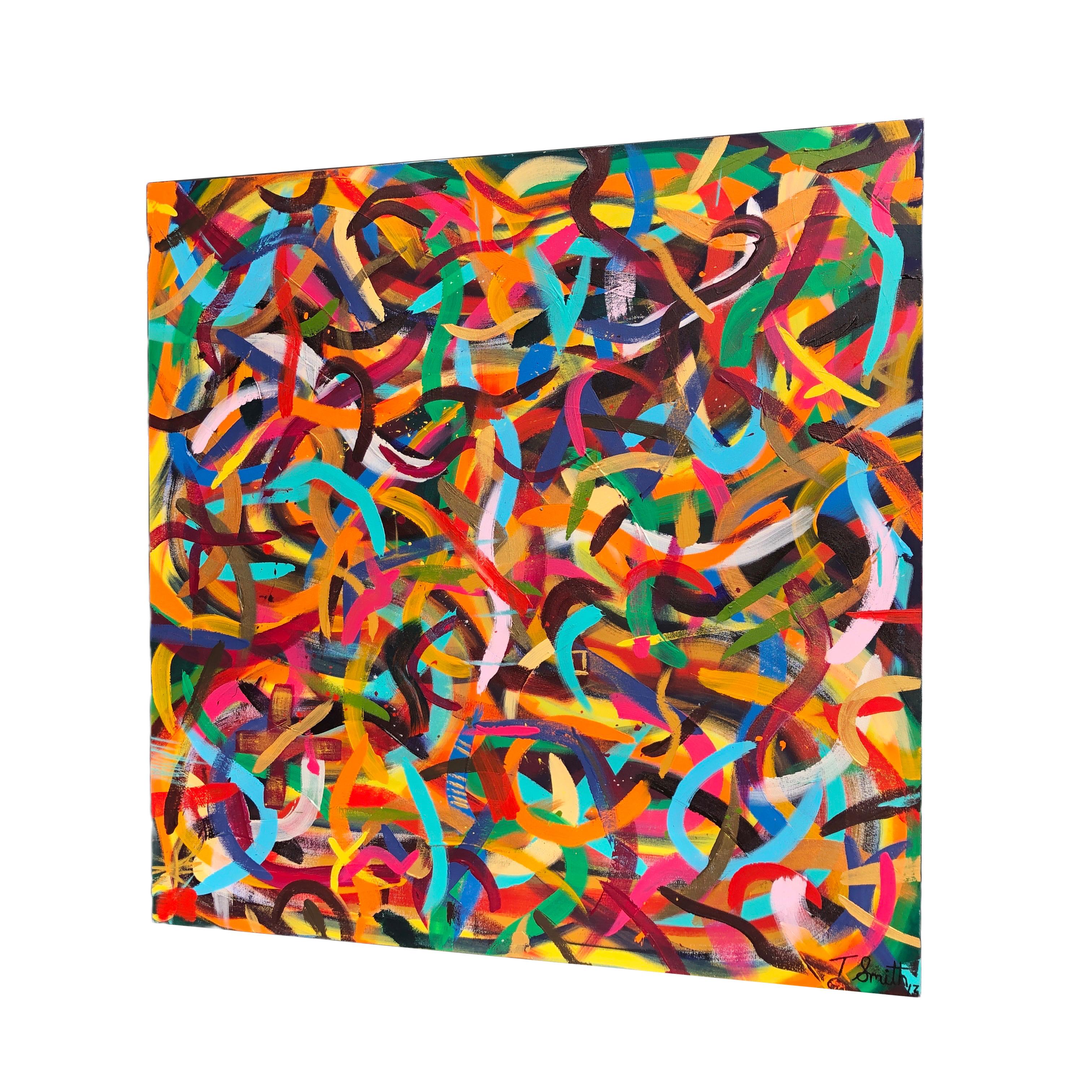 Just Dance was painted by Troy Smith with acrylic paint on canvas. Just Dance is a vibrant energetic painting that leaps right off the canvas. Hundreds of individual different coloured swirling lines criss-cross each other dancing and singing with