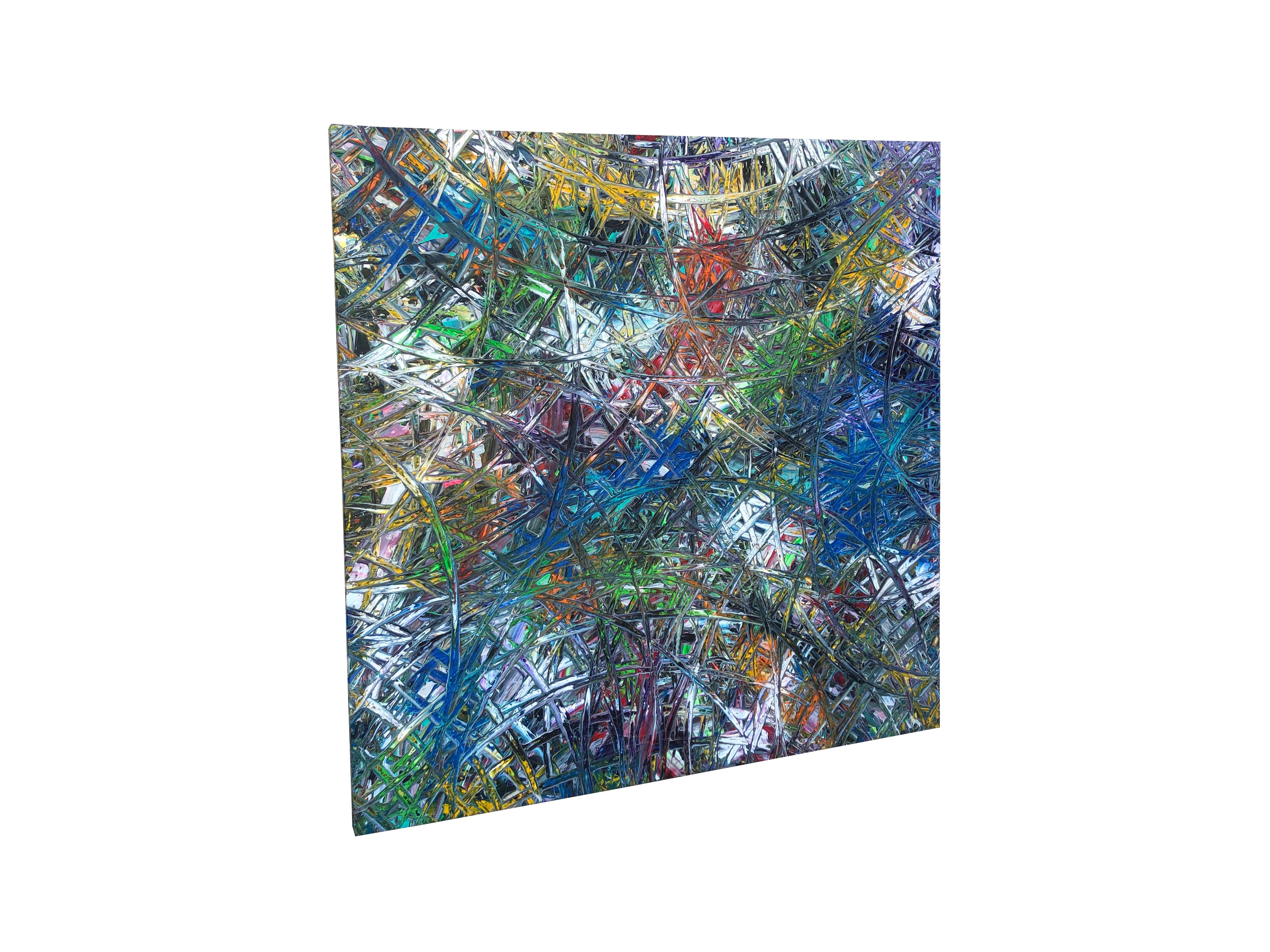 Stained glass is the name of this large abstract acrylic painting. The painting gets its name from the crisscrossing pattern of multicoloured paint. Like the great cathedrals of Europe whose churches have supersized windows filled with coloured