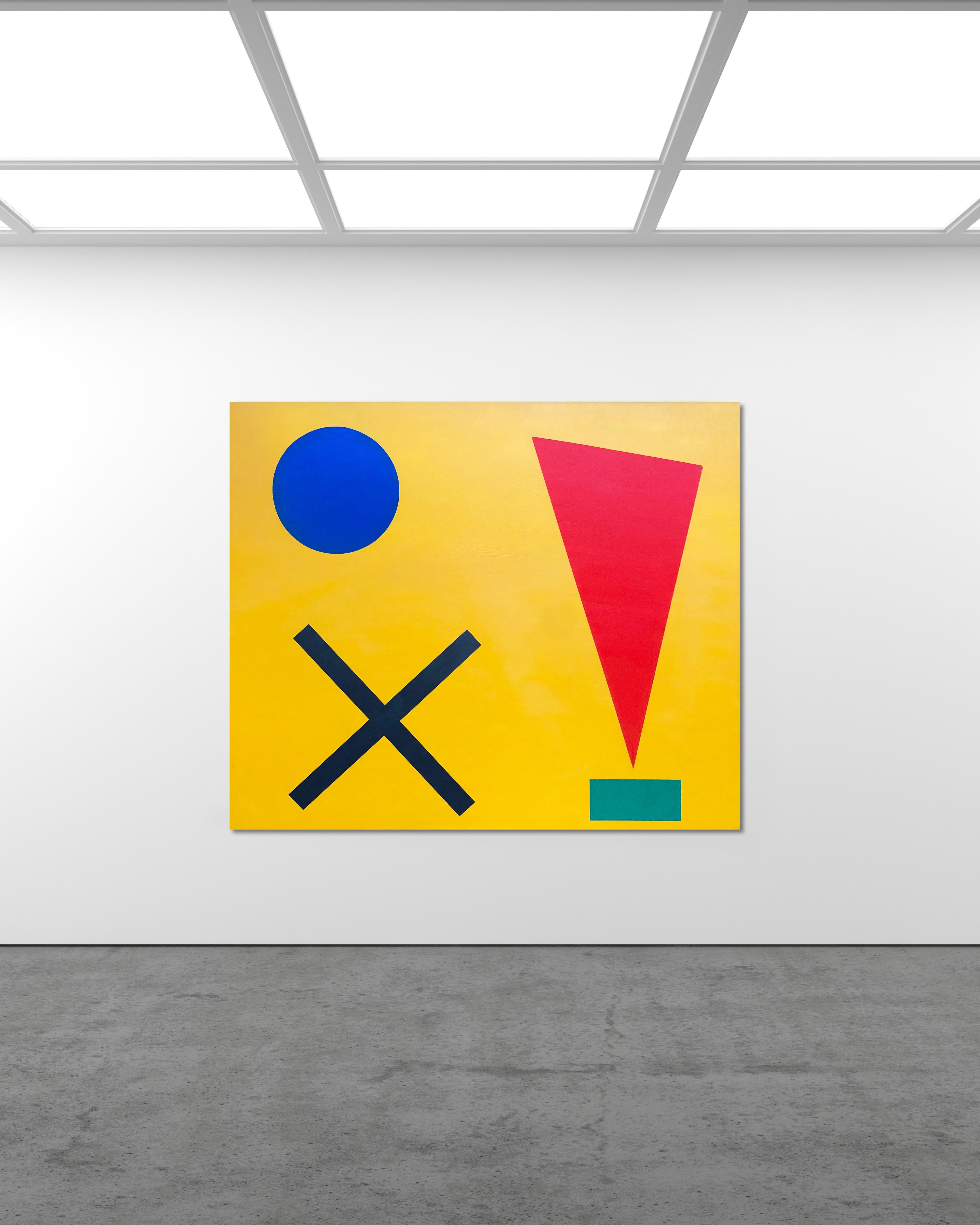 The painting's name is a direct depiction of the imagery you see. X-Marks The Spot is an abstract geometric in the simplest terms. A large yellow background pops against the strong-coloured geometric forms that depict the title of the painting. A