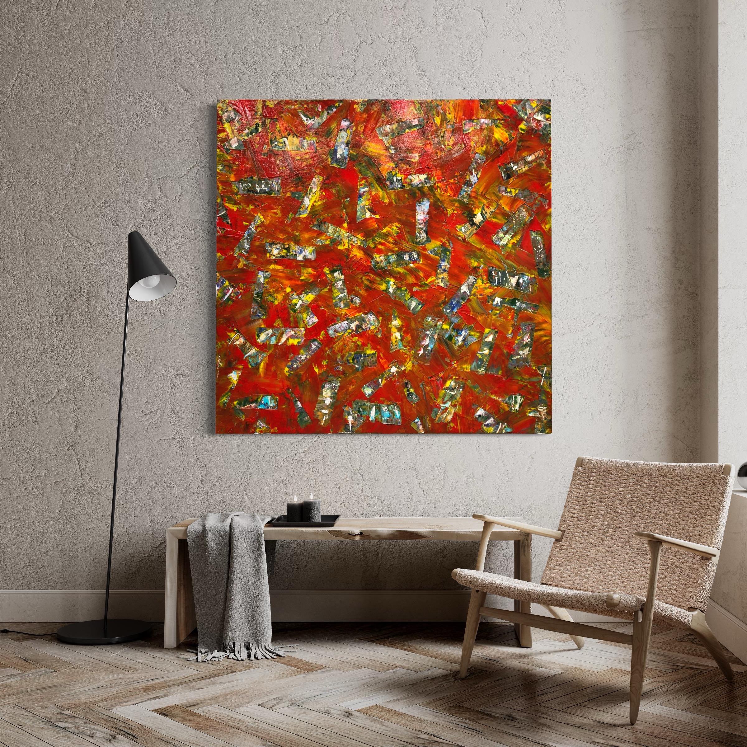 Burning Ember is painted on a wood panel, in acrylic. The size is 40